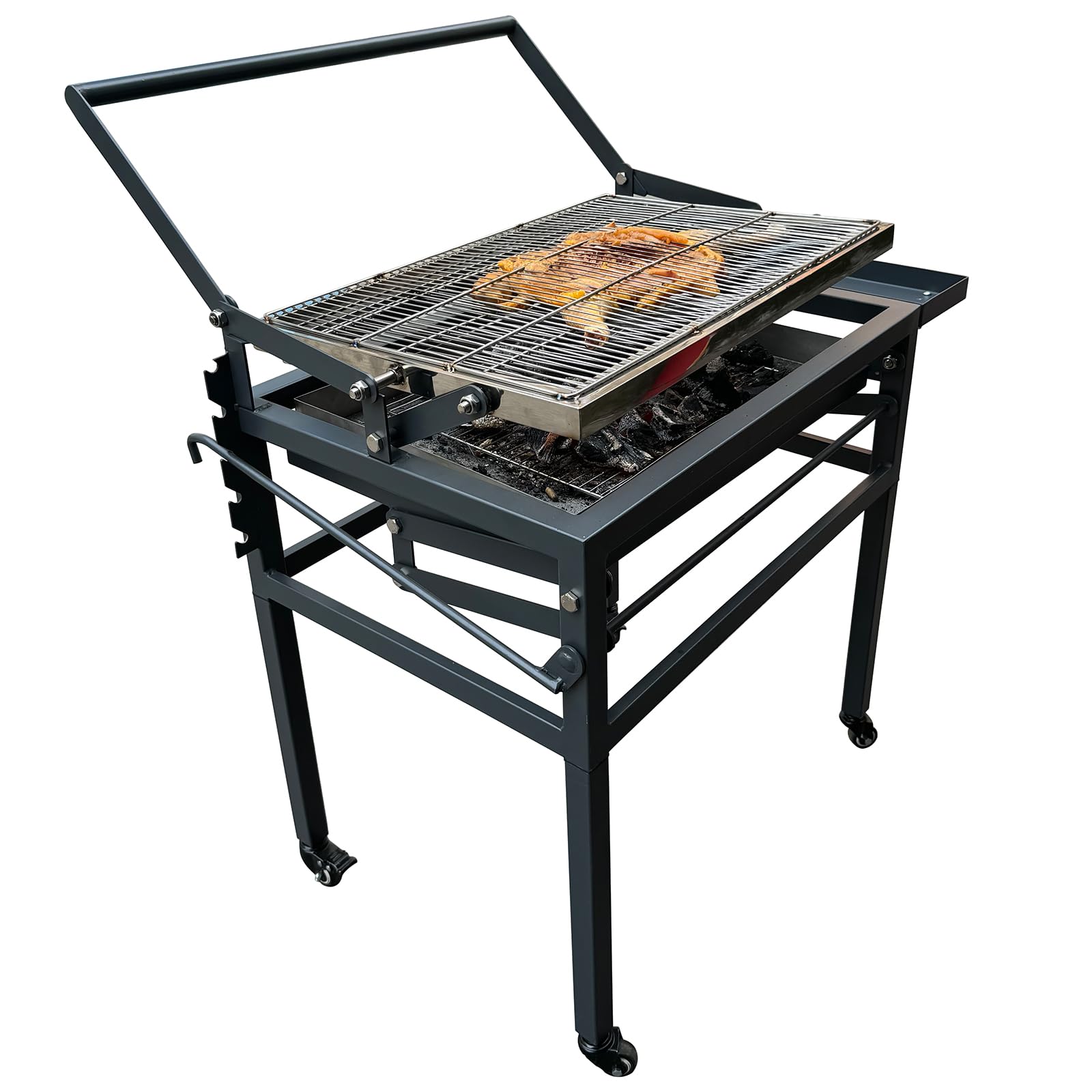 Parrilla portátil de carbón para barbacoa, barbacoa giratoria de 360° con rejilla de cocina de acero inoxidable y bandeja de carbón ajustable para camping, picnic, patio y fiestas en el jardín