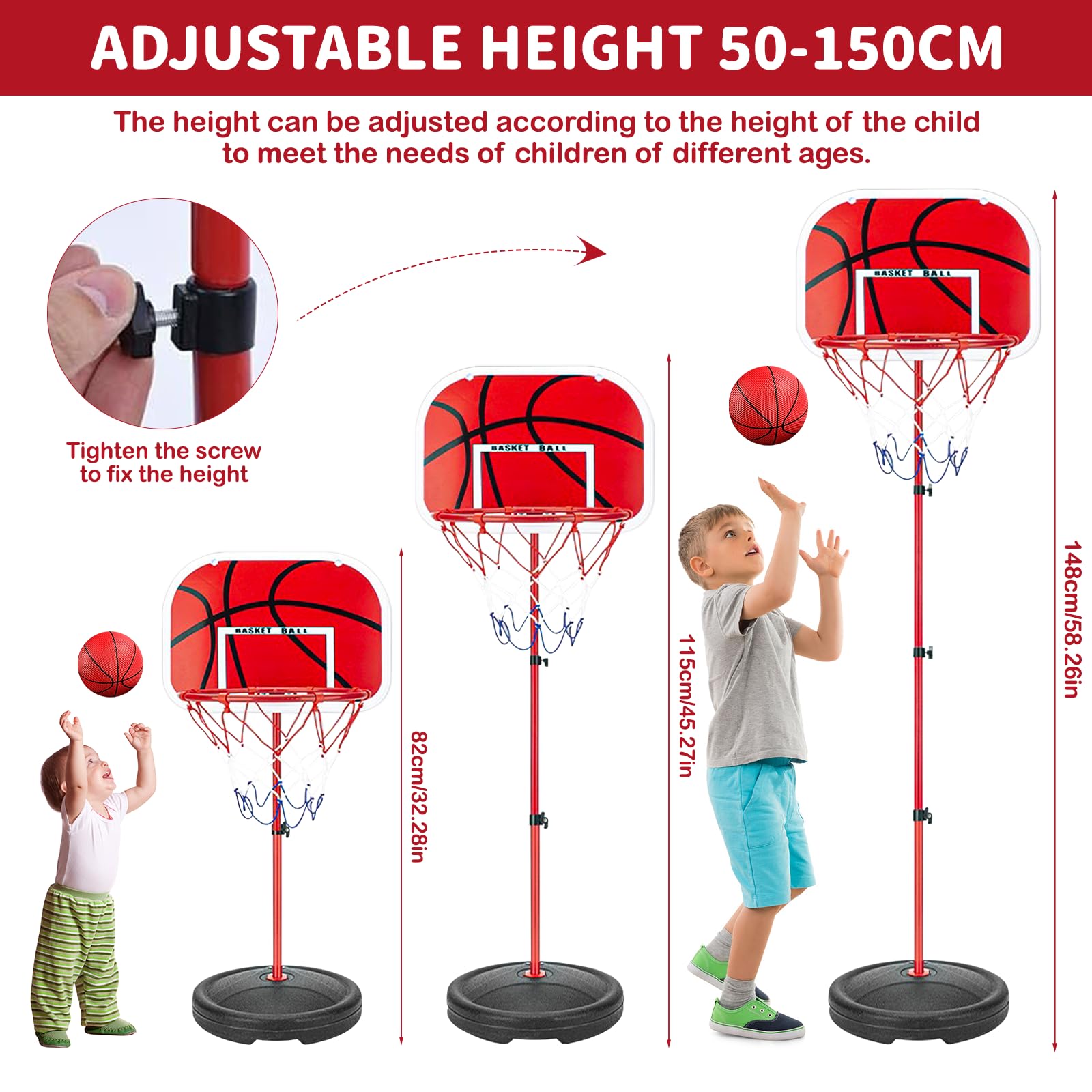 Canasta Baloncesto Infantil,Aro de Baloncesto para Niños Incluir 3 Bolas,2Red,Bomba,Altura Ajustable de 50 a 150 cm,Aro de Baloncesto para Interior y Exterior para Niños de 2 a 6 Años