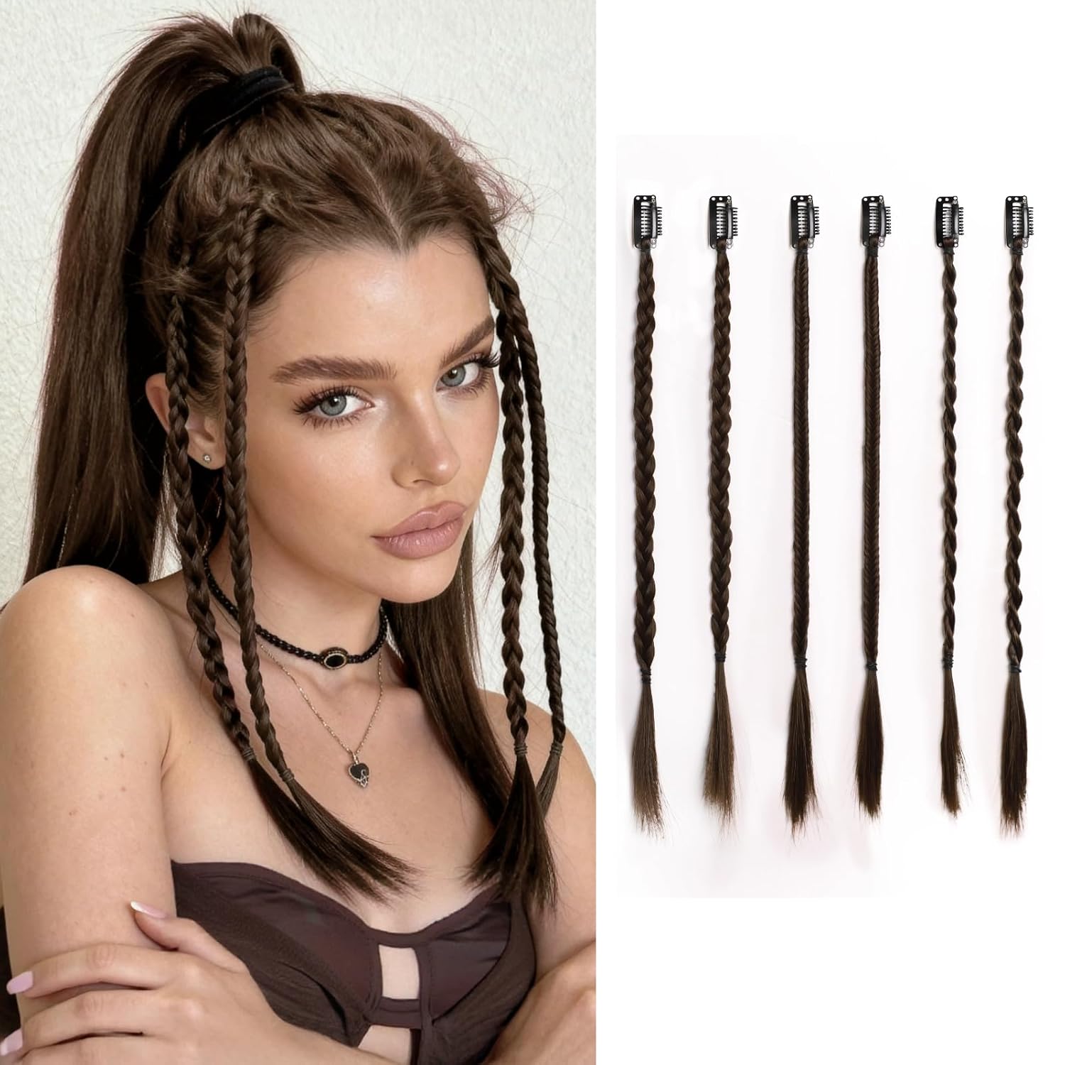 6PCS Braided Ponytail Extension Fake Braids 14'' Braid in Hair Extensions 3Styles Ponytail Braid Extensions Synthetic Womens Hair Pieces Fake Hairs Extension Braids Hairpieces for Women Brown
