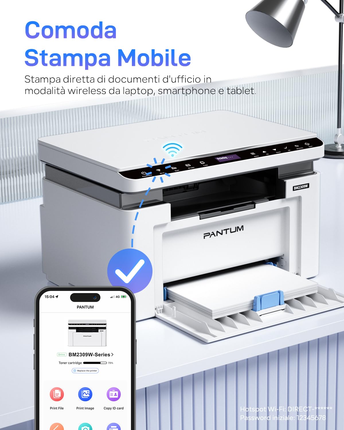 PANTUM BM2309W Stampante Laser Multifunzione WIFI Bianco e Nero, 20 ppm, Bluetooth, USB 2.0, Stampa, Copia e Scansione