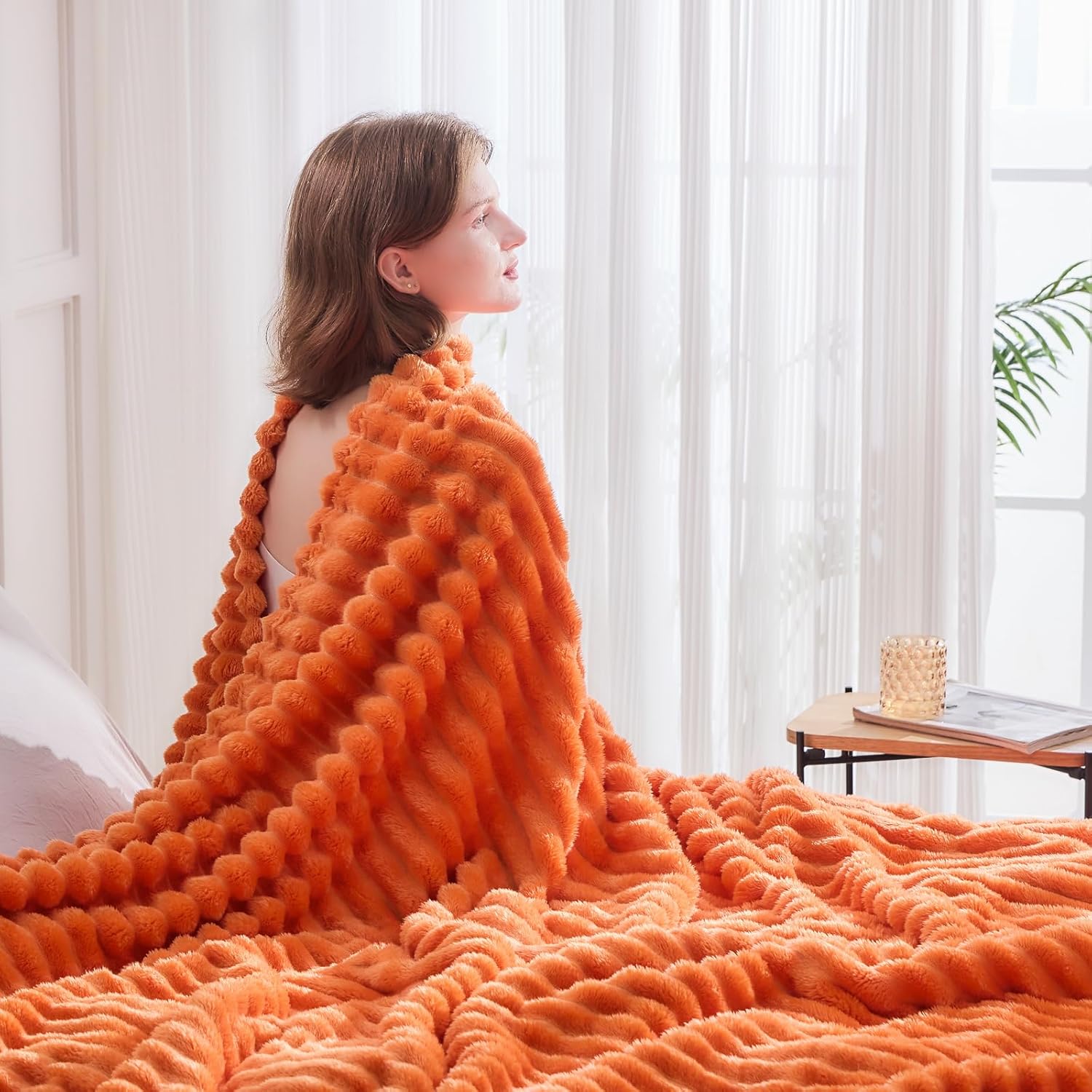NEWCOSPLAY Super Soft Fall Throw Blanket Orange Premium Silky Flannel Fleece 3D Ribbed Jacquard Lightweight Bed Blanket All Season Use (Orange Ribbed, Throw(50"x60")) - Image 7