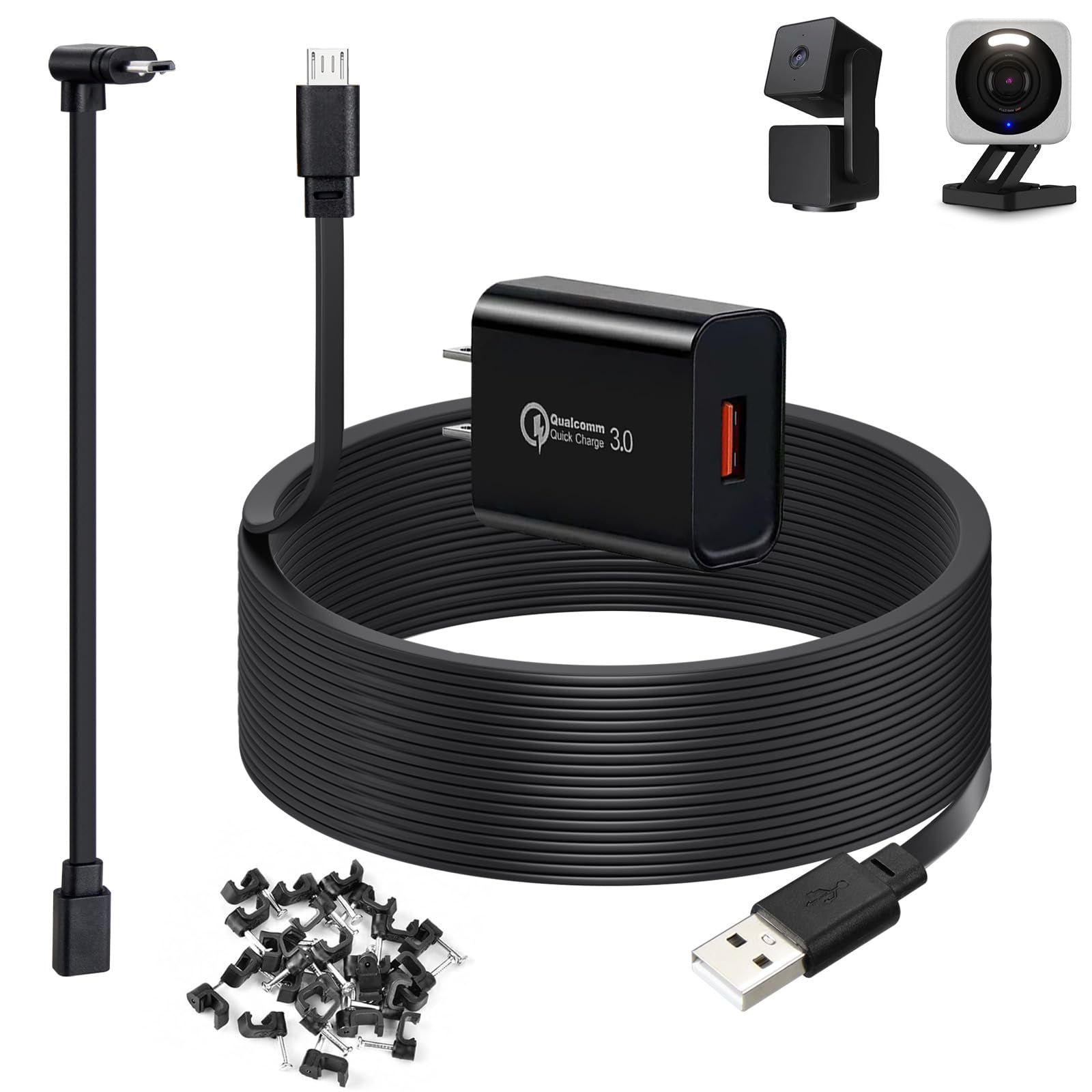 Power Cord for Wyze Cam v4 v3 50ft Flat Extension Micro USB Cable