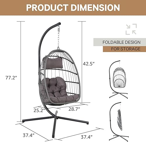 Miniatura 9 de Silla columpio colgante con soporte y funda para clima, plegable para interiores y exteriores, cesta de mimbre con cojín para dormitorio, patio,