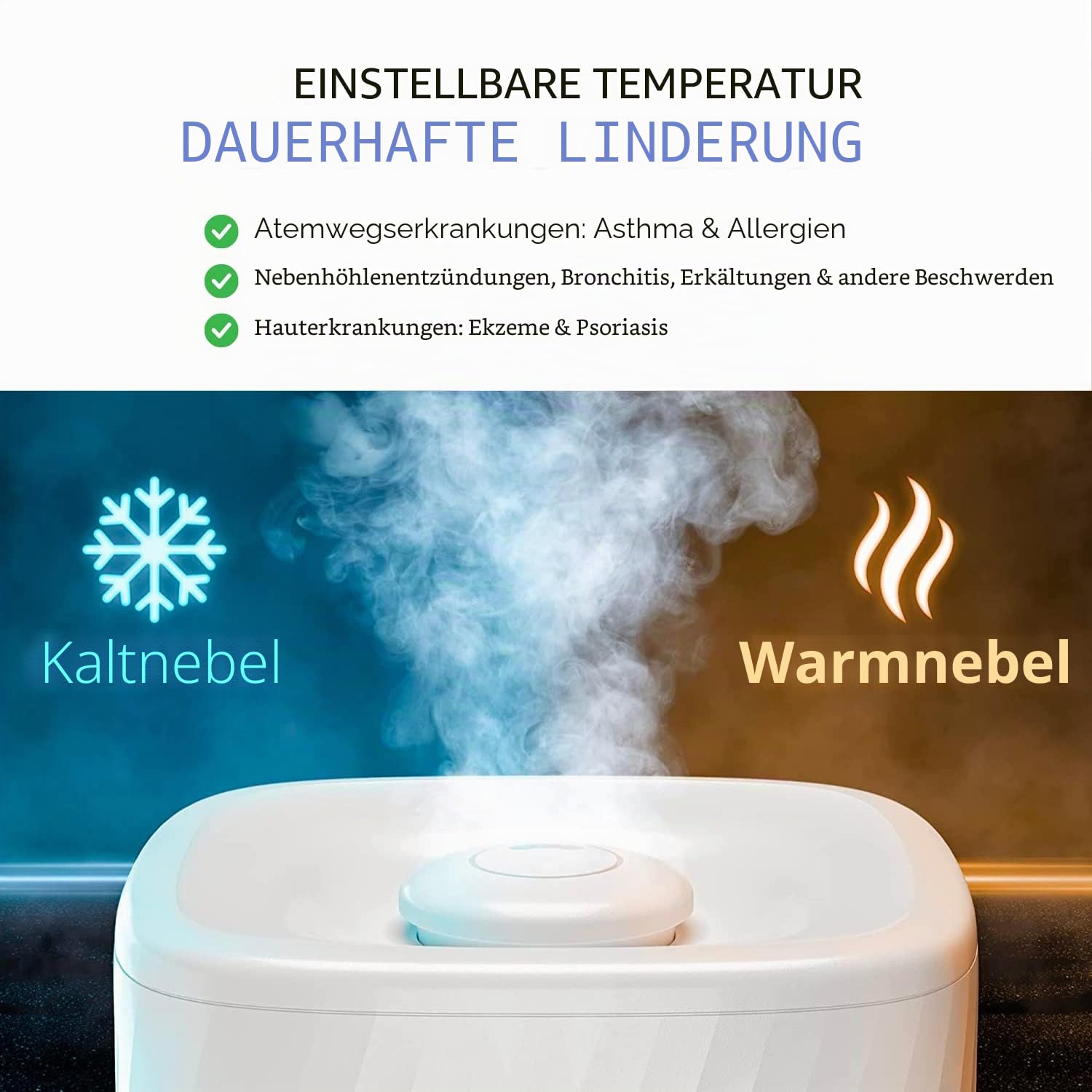 MIKO Luftbefeuchter mit kühlem und warmem Nebel, Ultraschall-Luftbefeuchter für große Räume und Schlafzimmer – Wasserfilter, automatischer Modus, kein Leck, Schlafmodus, integrierter Timer