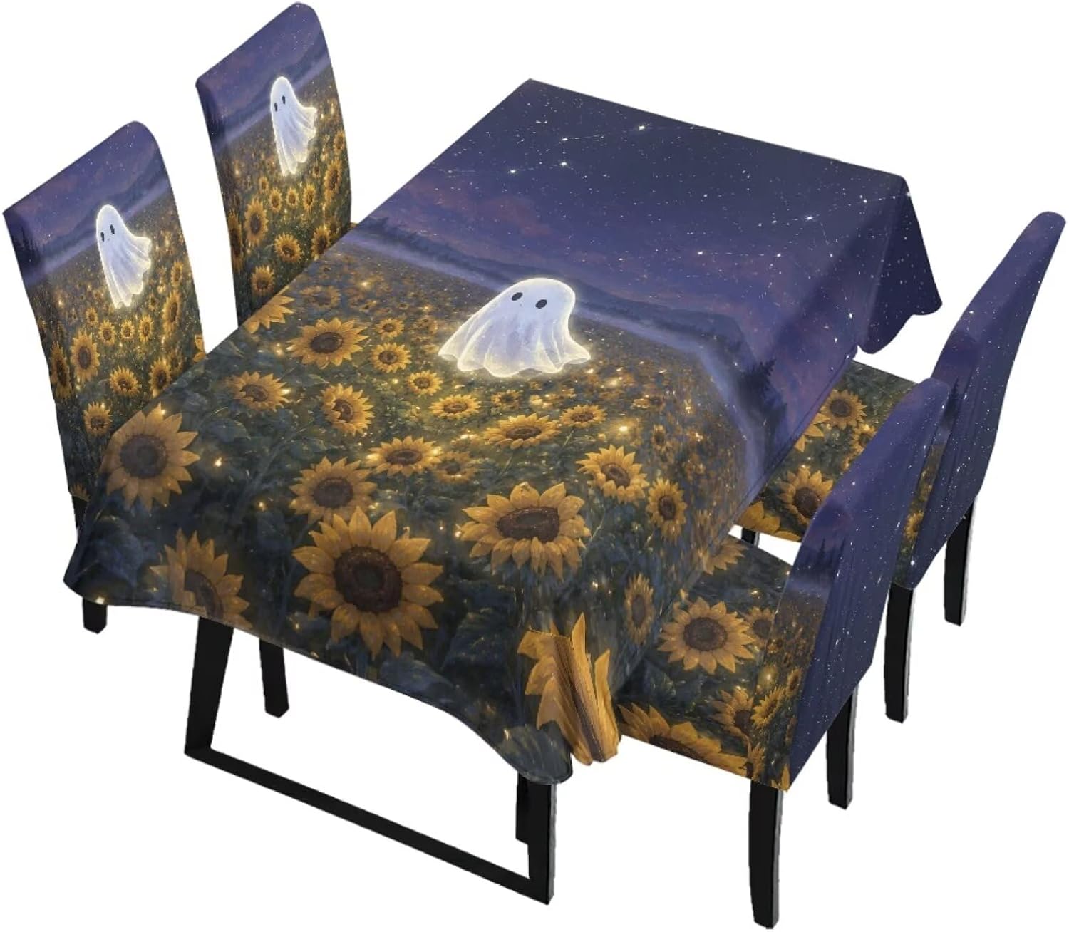 Halloween Table Cover and Dining Chair Slipcovers Set of 7, Stretch Removable Seat Covers Rectangle Table Cloth Anti-dust Parsons Chair Slipcovers, Halloween Rose Skull Ghost Print Black