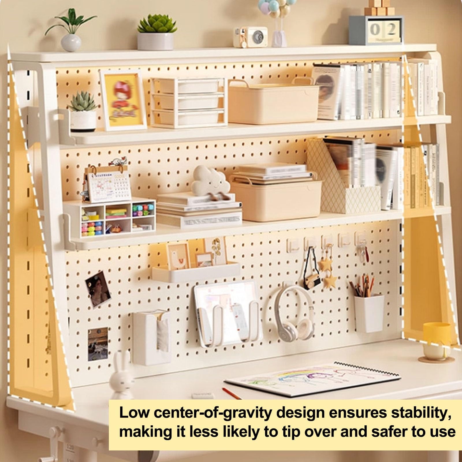 Estantería de Escritorio Blanca con Panel Perforado Organizador Mesa | Estante de escritorio blanco panel perforado de metal, accesorios para colgar y gran capacidad(2-tier,L60cm/23.6'')