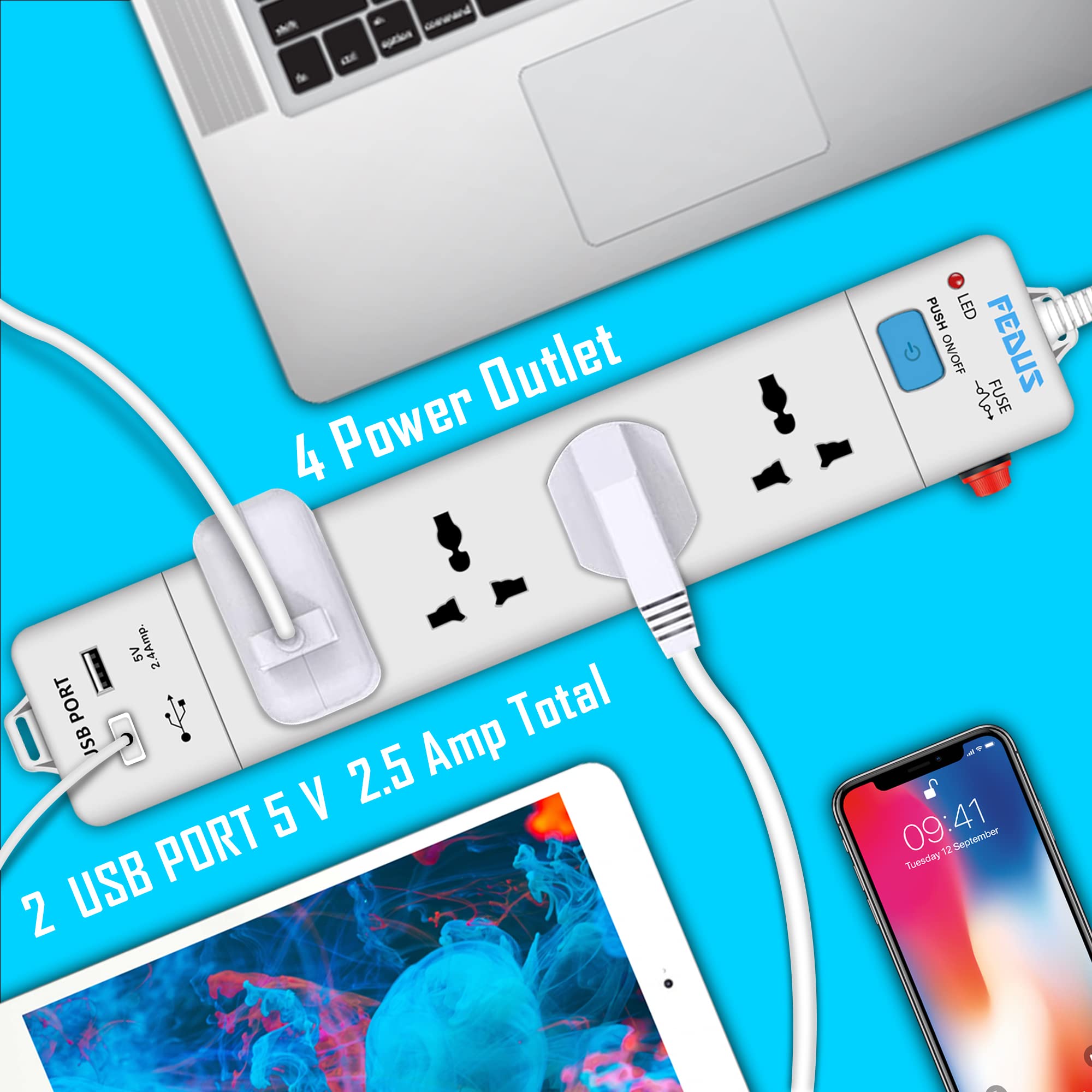 FEDUS Extension Board With 2 Output USB Charging Ports (2.1A), 4 Universal Power Sockets, Switch Board Extension Board Cord, 1.8 Meter Long Wire, Power Strip, 3-Pin Surge Protection for Home Office — Amazon image 6