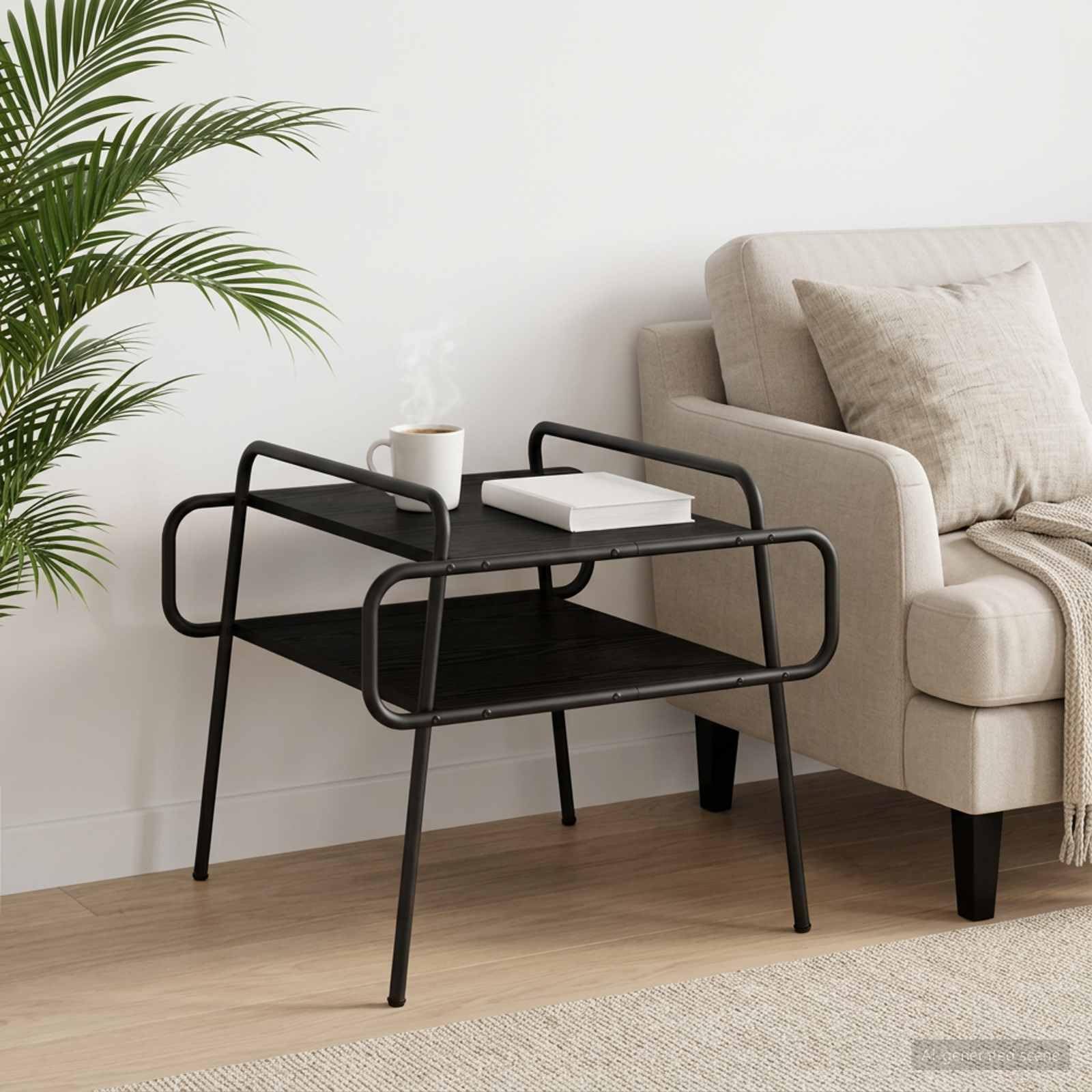 Tavolino da salotto in rovere nero, 50 x 50 x 51 cm | Tavolino da soggiorno compatto con 2 ripiani aperti e maniglie laterali per spostare in modo mobile nella stanza.
