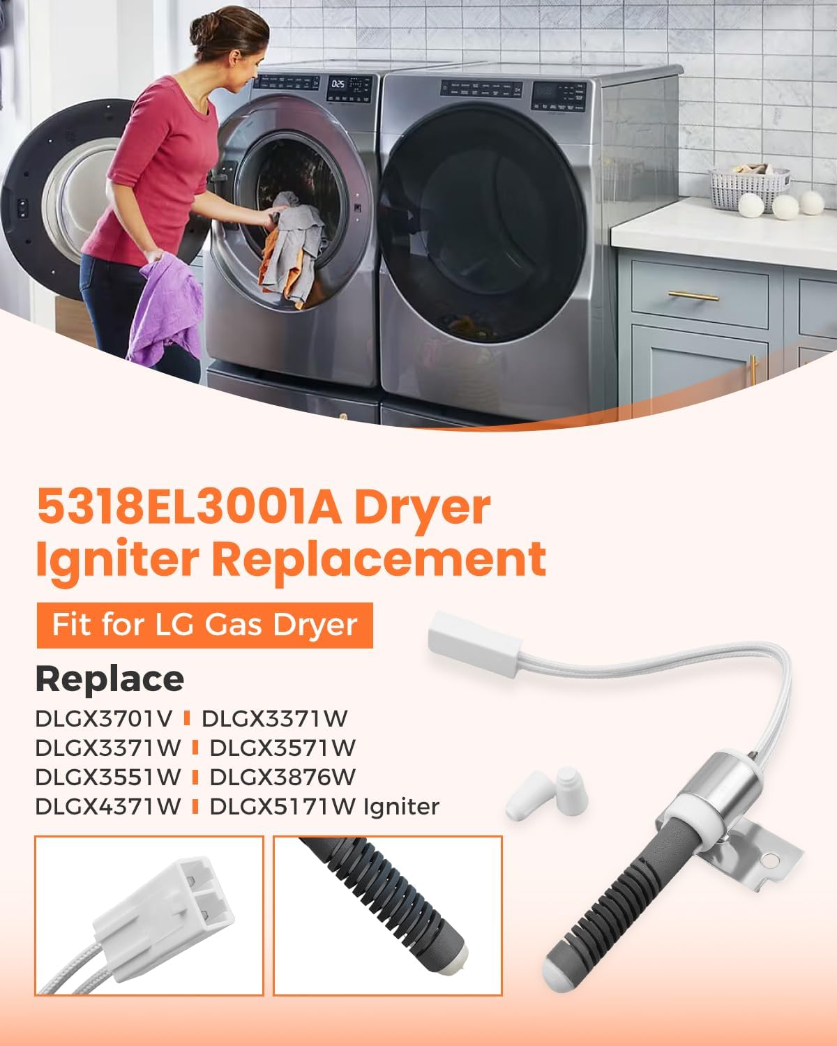 5318EL3001A 5318EL3001B Gas Dryer Igniter Fit For Kenmore/LG DLG1102W DLG7061VE DLGX3571W DLGX3701V, Replace 5318EL9001A MEQ61841001 1266860