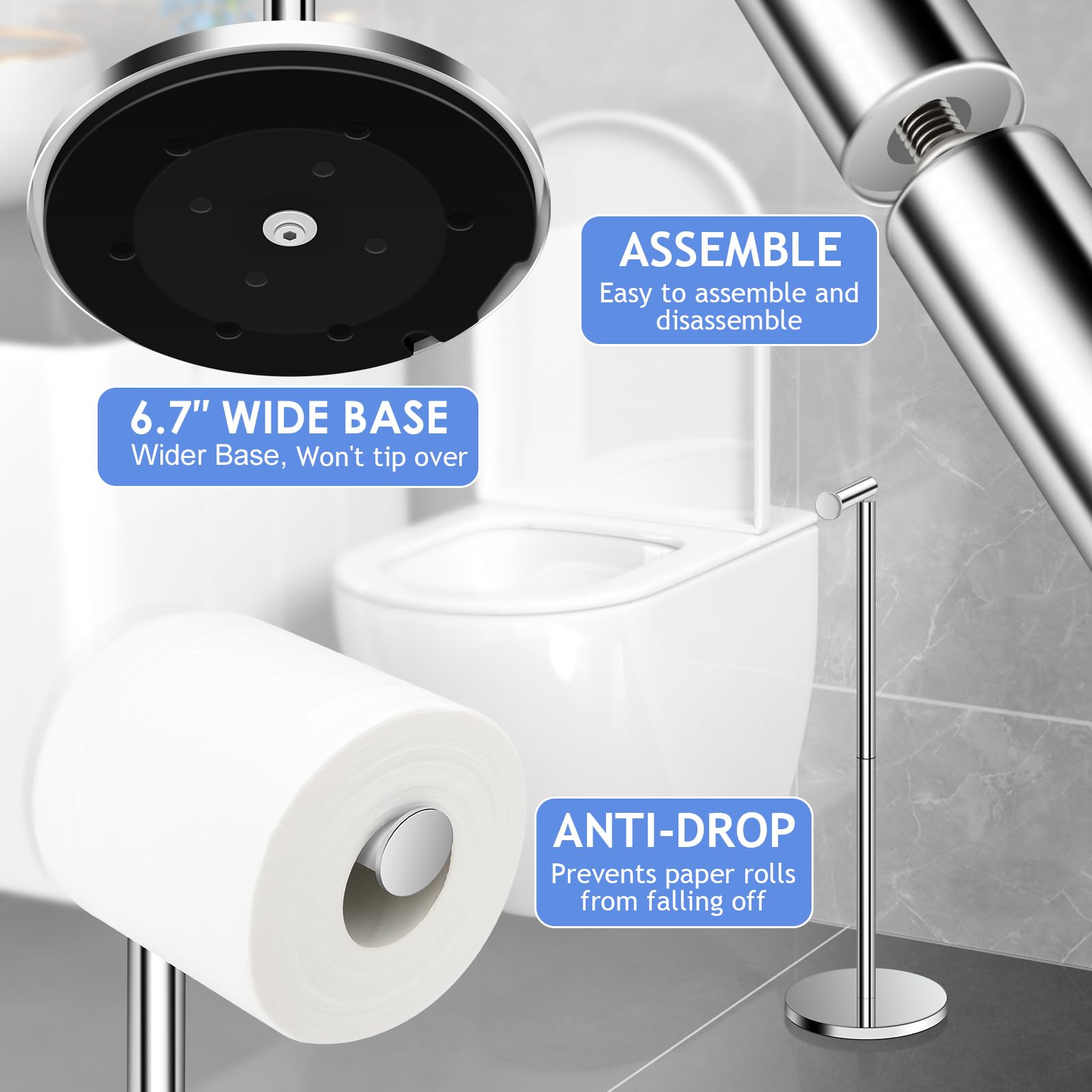 TACGEA Toilet Paper Holder Stand, Free Standing Paper Roll Holder, Silver — Amazon image 6