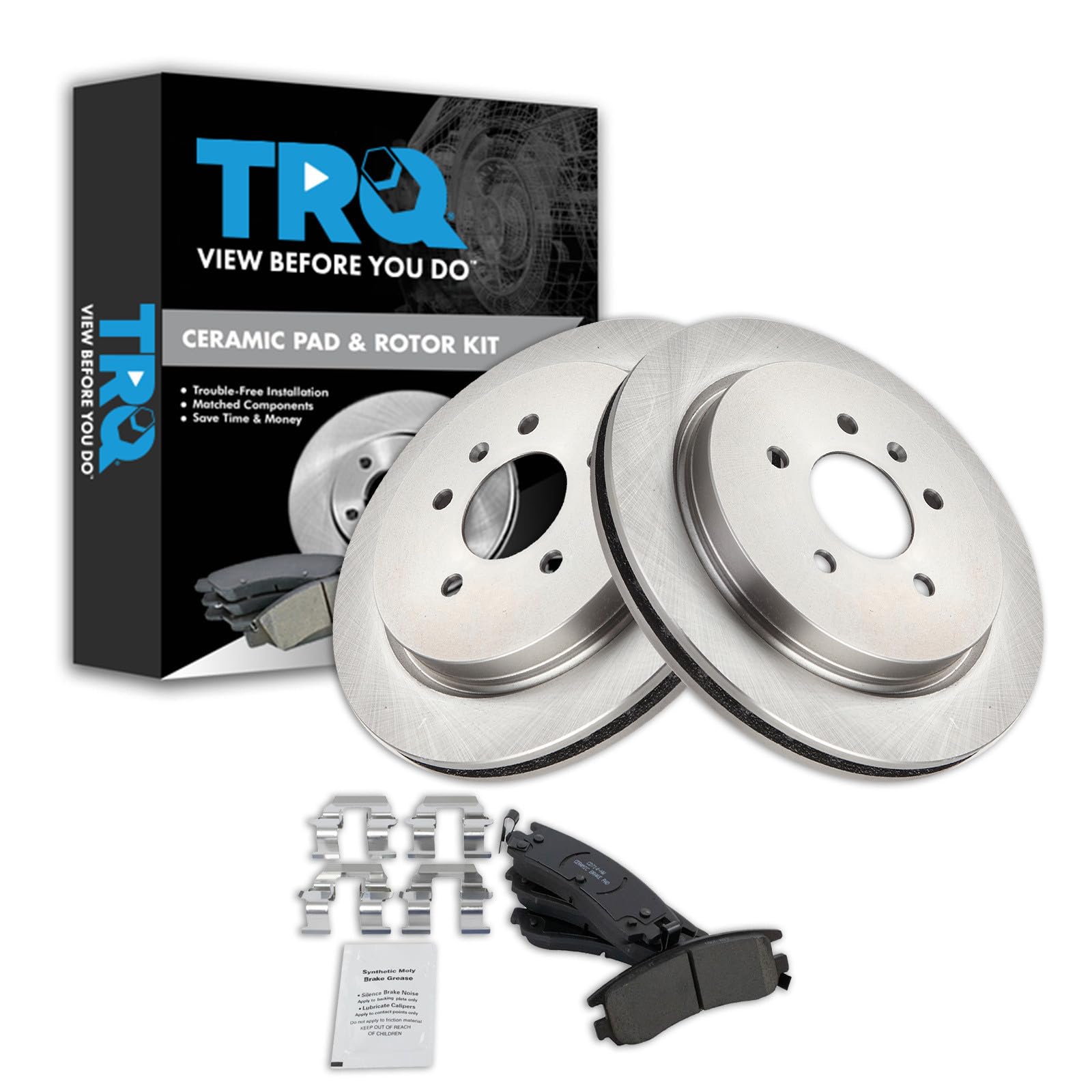 TRQ Rear Brake Pad and Rotor Set Ceramic Vented Rotors Compatible with 2003-2004 Cadillac Seville