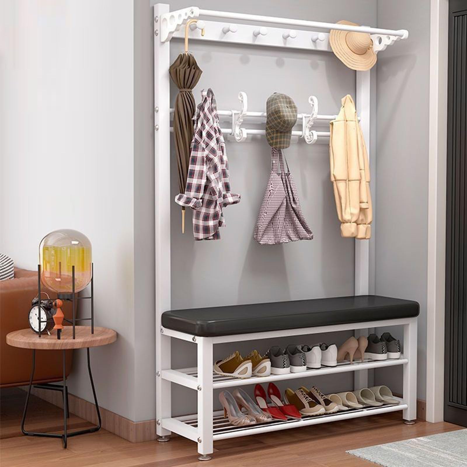 FGXHHS 4-in-1 Entryway Bench with Coat Rack & Shoe Storage, Hall Tree 8 Hooks, Adjustable Width 60-100cm, Stylish Black for Hallway nization