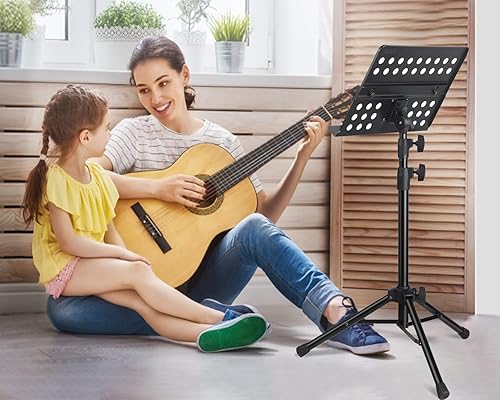 Vista 5 de Vekkia Soporte de metal profesional perforado para partituras con bolsa de transporte, soporte de música plegable ajustable, súper resistente