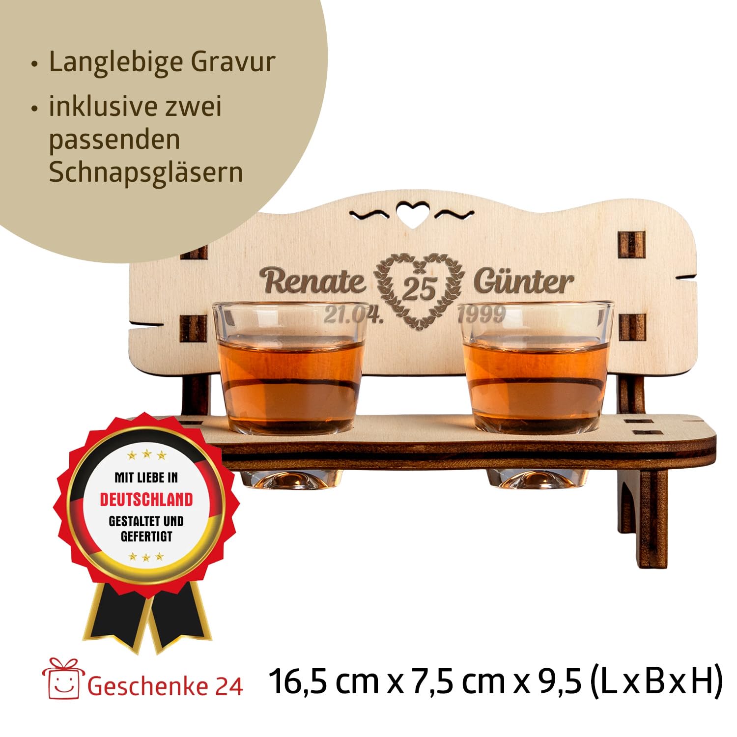 DARO Design Schnapsbank Mit Gravur - Personalisiertes Hochzeitsgeschenk Mit 2 Schnapsgläsern