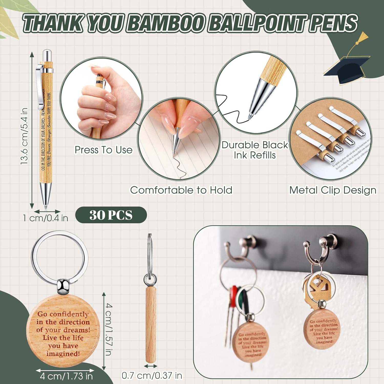 Gueevin 30 Set 2026 Inspirational Graduation Gift Bulk Spiral Kraft Notebooks Bamboo Ballpoint Pens Keychains for College Graduate Teacher Student Employee Coworker Appreciation Gift