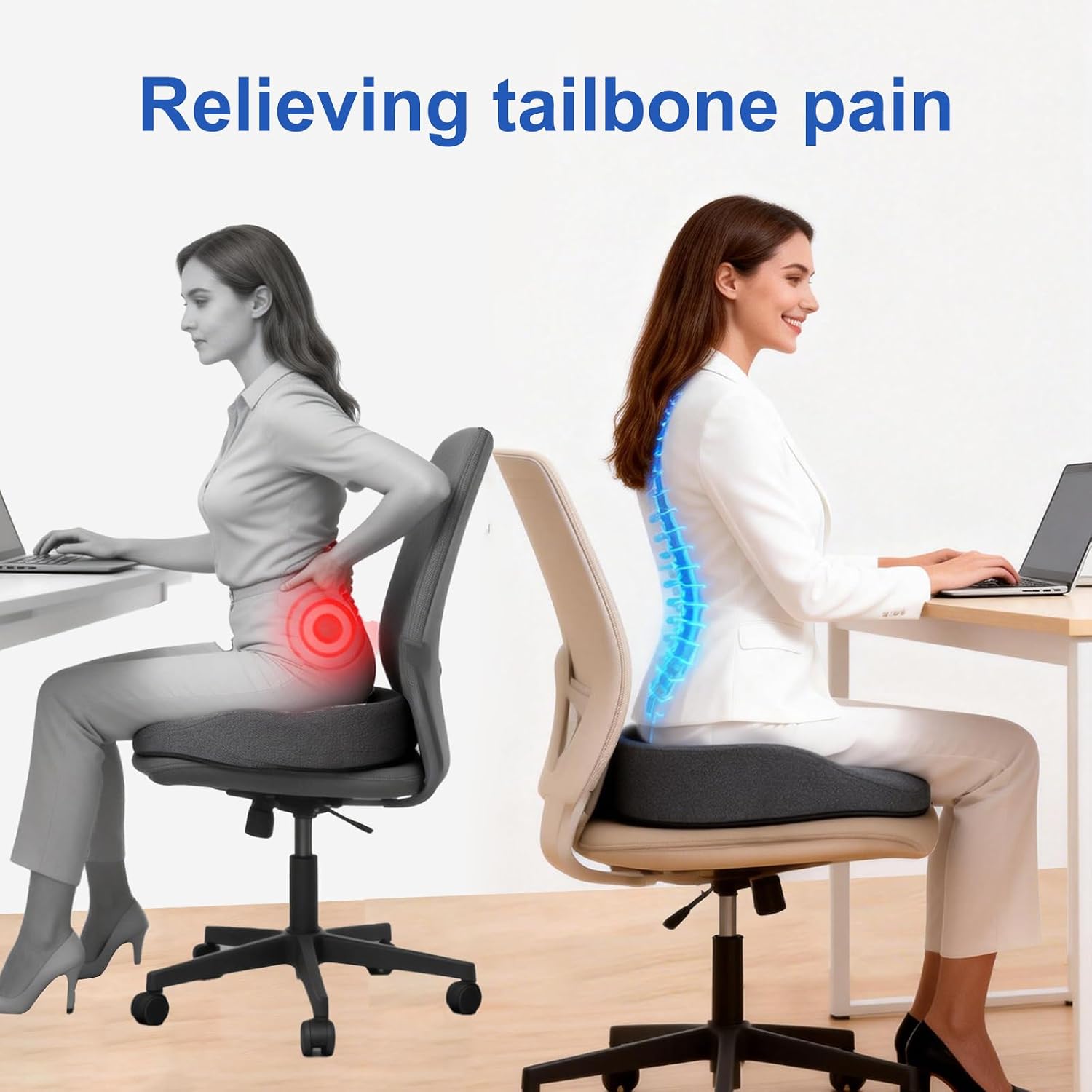 Memory Foam Seat Cushion for Office Chair - Ergonomic Coccyx Cushion for Tailbone Pain Relief, Sciatica & Back Support, Non-Slip Base, Breathable Cover - Home, Driving, Wheelchair Use - 3
