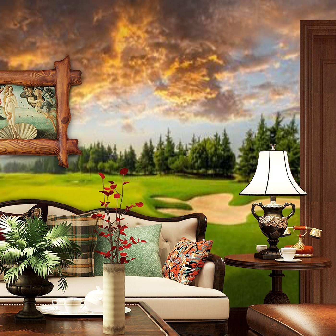 Modern 3D Green Grass and Woods on a Golf Field Wallpaper Stick and Peel Wall Stickers Removable Wall Paper Mural for Living Room Bedroom TV Background