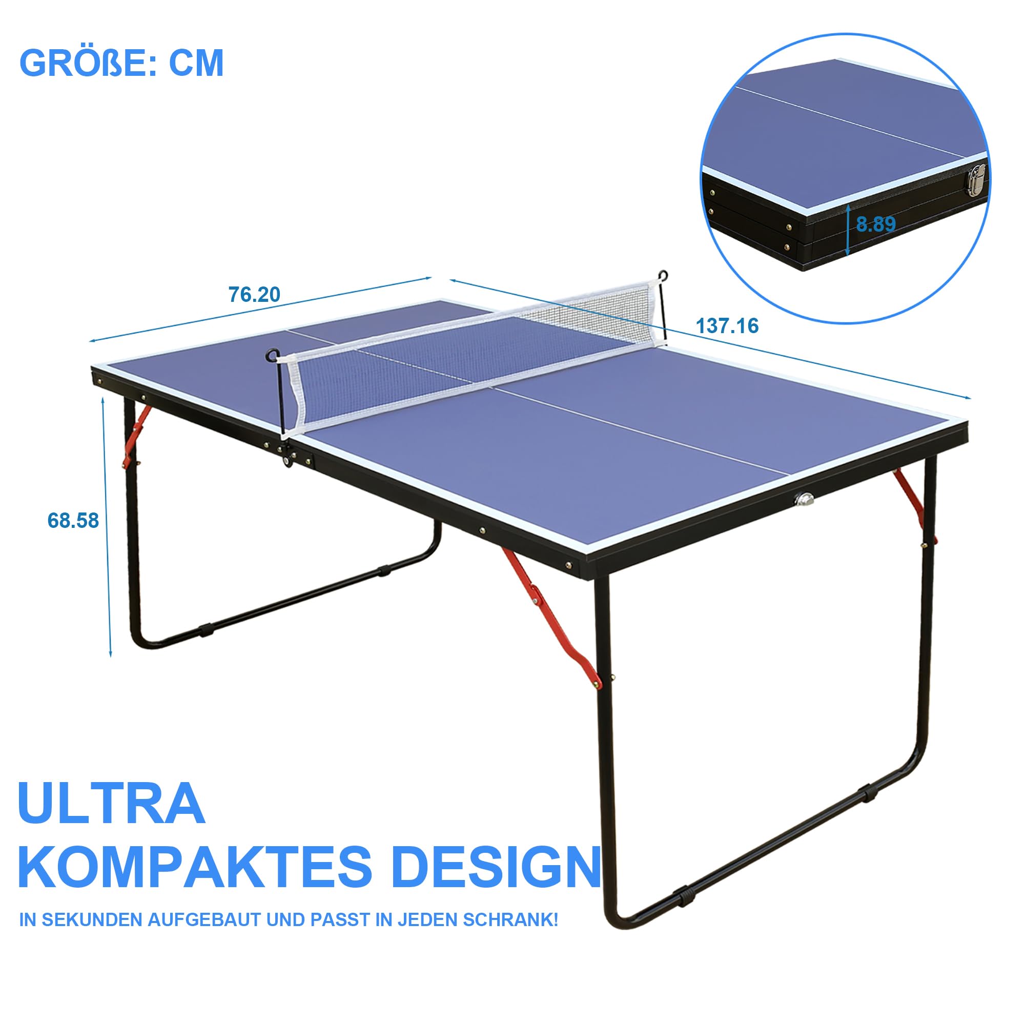 Tischtennisplatte mit Netz & Schläger-Set, Outdoor & Indoor klappbar – inklusive 2 Schlägern und Bällen, Stabiles Design mit Blauer Spielfläche – Einfacher Aufbau für Kinder und Erwachsene