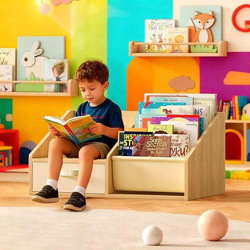 Miniatura 9 de FKWin Estantería para habitación de niños, estante para libros de 4 niveles con 5 bolsillos tipo cabestrillo, diseño de ciervo, organizador de