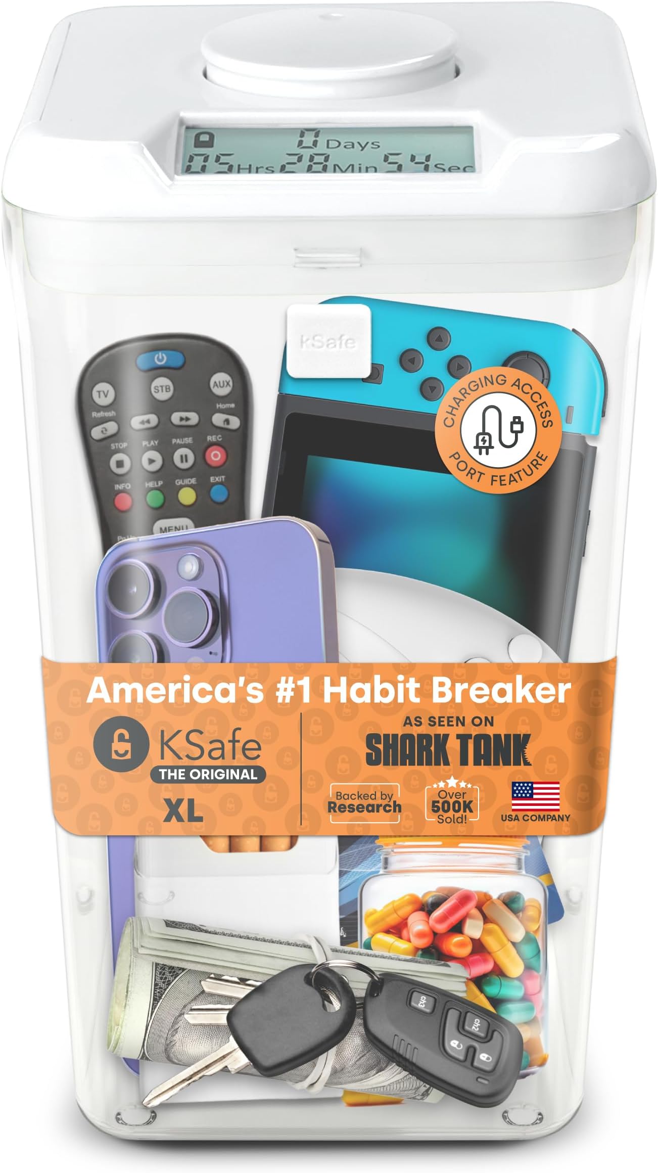 kSafe XL: Time Locking Container to limit drinking and other vices. 10.4" inside height. (White Lid + XL Clear Base)