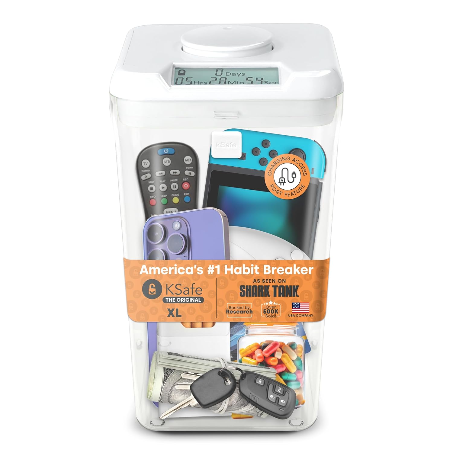 kSafe Time Locking Container XL Tech Lock Box for Tablets Game Controllers Large Snack Bags BPA-Free Plastic No