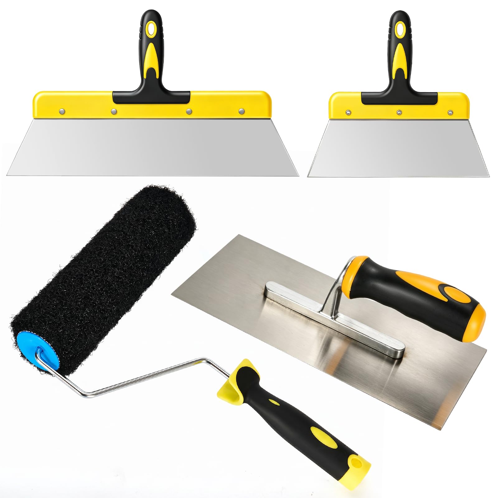 Set Spatole Rasanti con Rullo per Stucco, Kit 4 Pezzi in Acciaio Inox per Cartongesso e Riparazione Pareti, Rullo 23 cm, Frattazzo e Spatole 25/40 cm