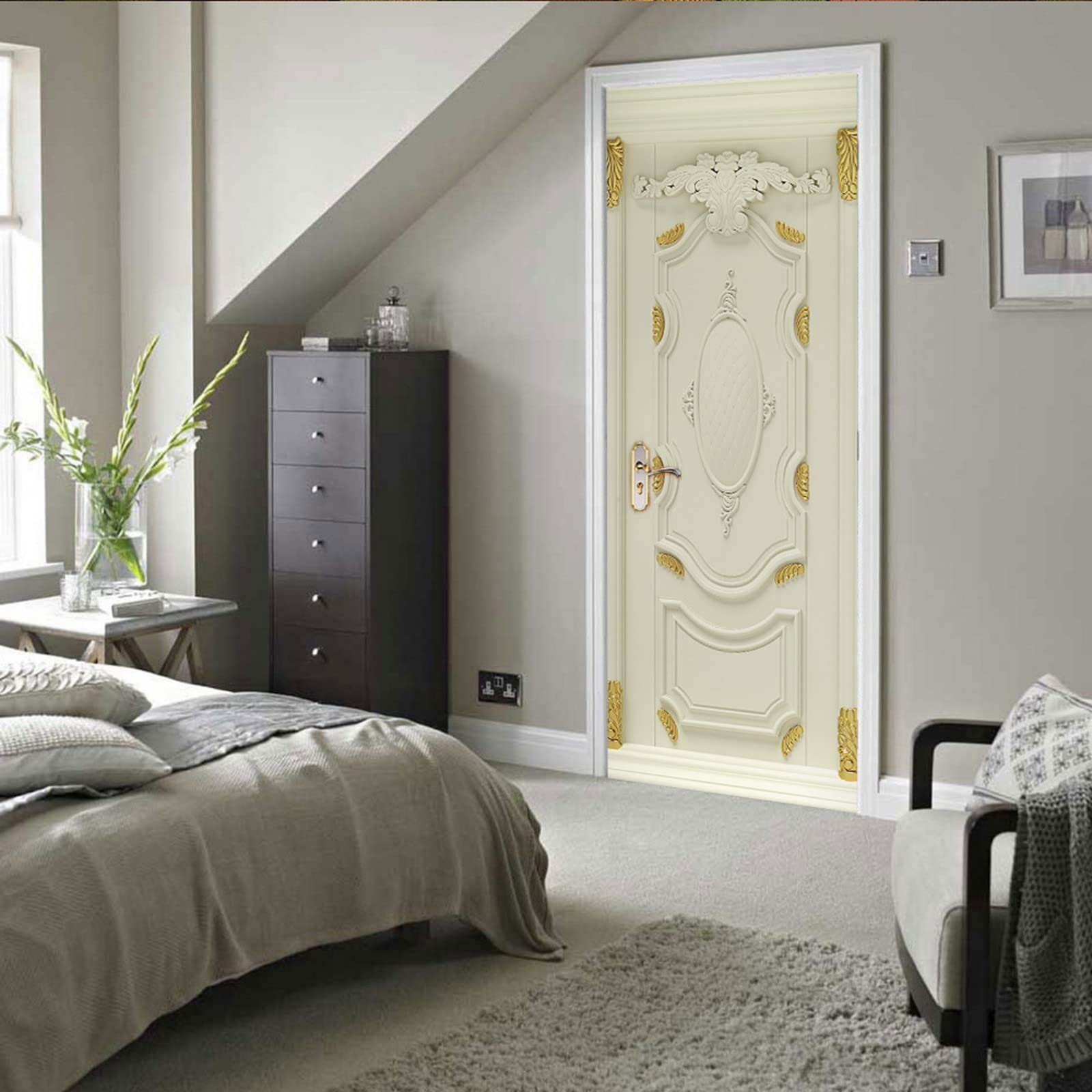 A.Monamour Adesivo Porta Autoadesiva Classica Porta In Legno Bianco Con Rilievi Dorati Vinile PVC Adesivi per Porte Interne 3D Pellicola Adesiva Poster Sticker Murale Parete Carta da Parati