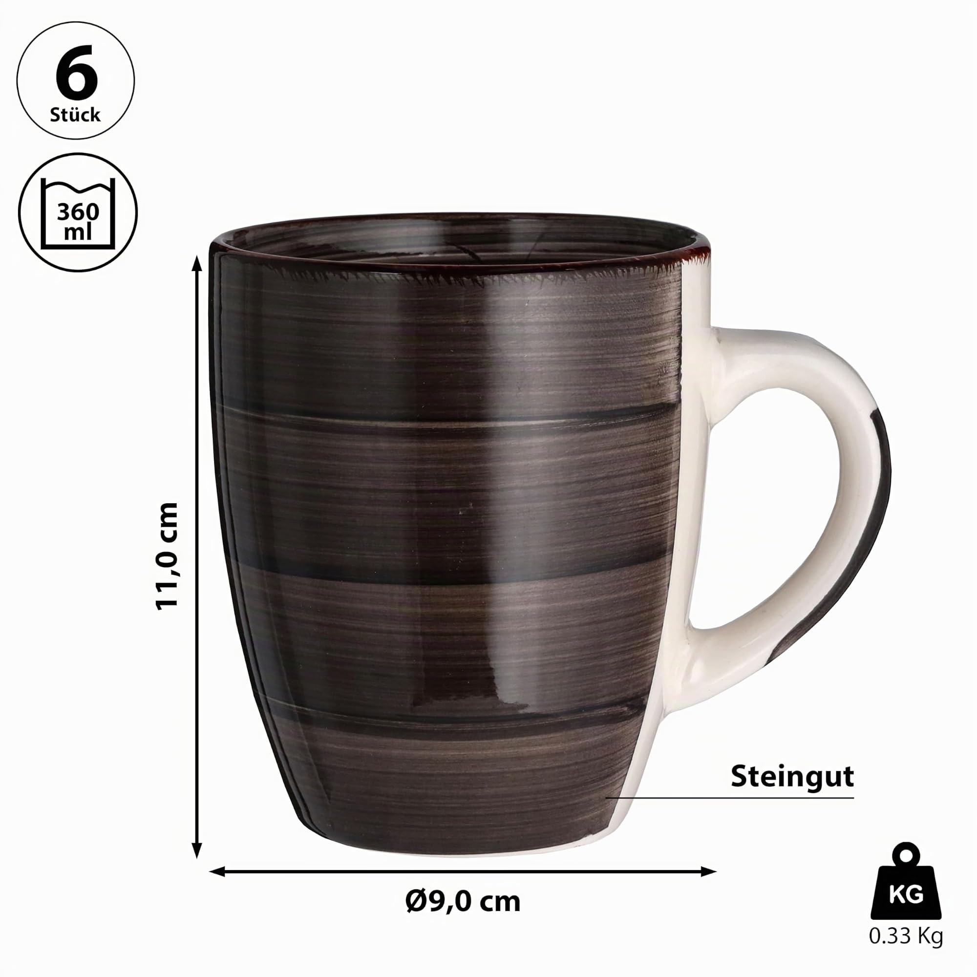 Kaffeebecher 6er Set | braun 360ml 9x11cm Steingut | Bunte Tassen mit Henkel Tee Kaffee Glühwein