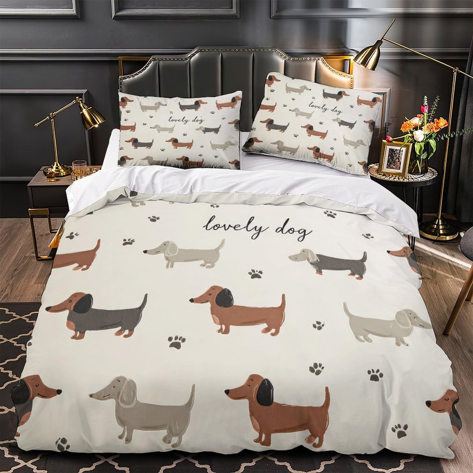 Parure de couette Teckel 3D Super King 260x220 cm en microfibre avec 2 taies d'oreiller