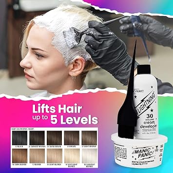 MANIC PANIC Blue Lightning Hair Bleach Kit - 30 Volume Developer + Bleach Powder Hair Lightener Lifts up to Five Levels And Eliminates Orange Tones - Vegan And Cruelty Free