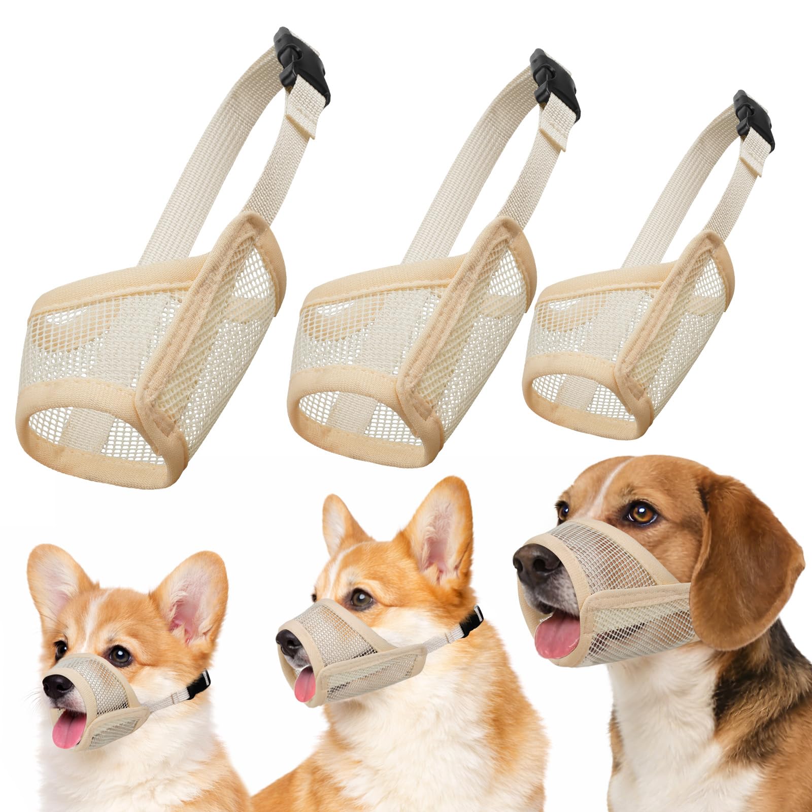 Dog Muzzle Suits for Small Medium Large Dogs, Mesh Muzzle Anti Biting Chewing, Breathable Mouth Cover Set with Adjustable Strap for Grooming Vet Visiting Training (3 PCS(S-L), Beige)