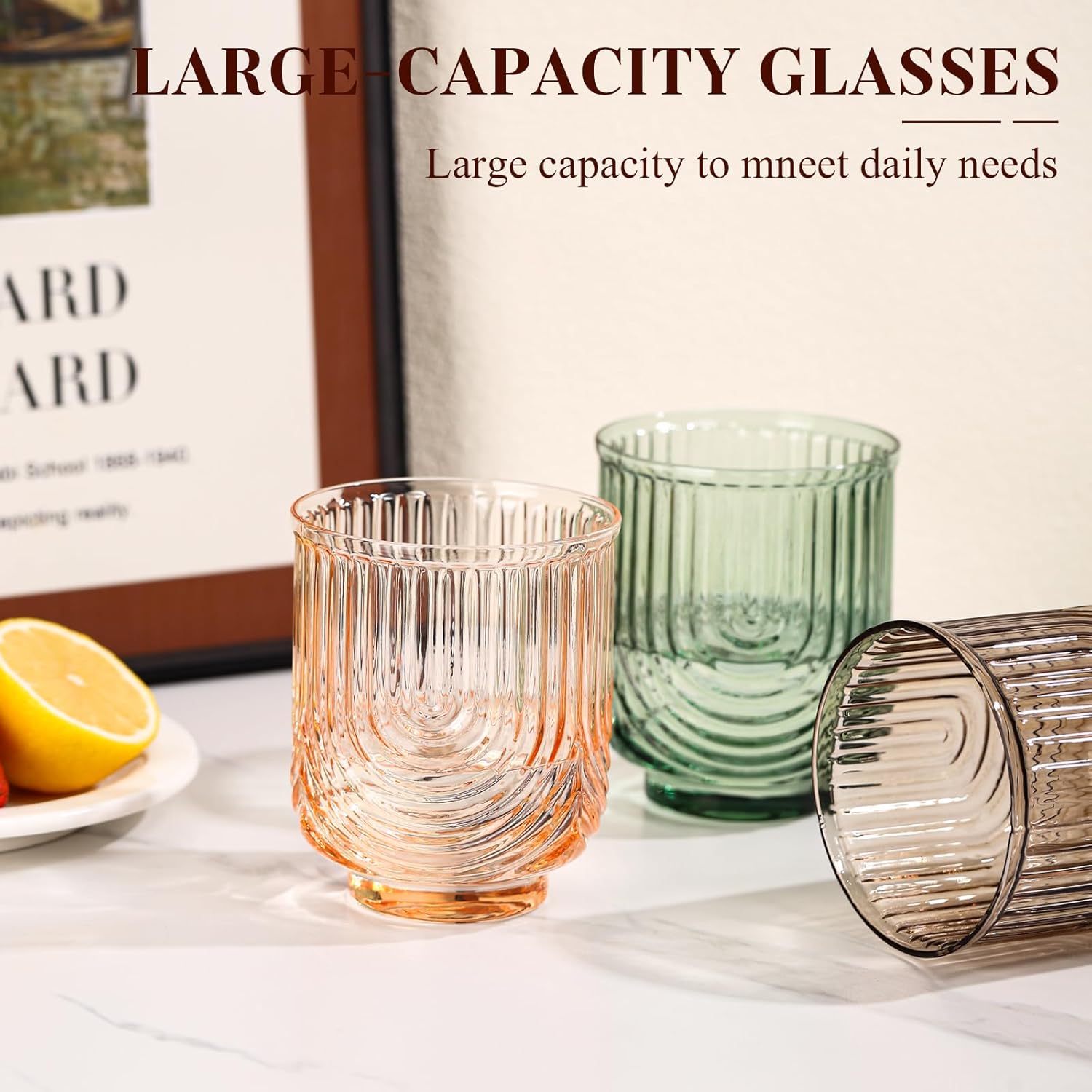 Colored Vintage Drinking Glasses Set of 6-15oz Hand-Blown Highball Ribbed Glassware, Arch Design Cocktail Glasses for Whiskey Water Beverages Ice Coffee Juice Milk - Image 6