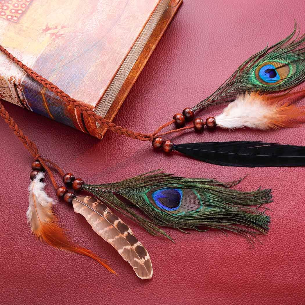 Nicute Boho Feather Headbands Peacoak Headpieces Festival Indian Headband Hippie Accessories for Women (Brown) - Image 6