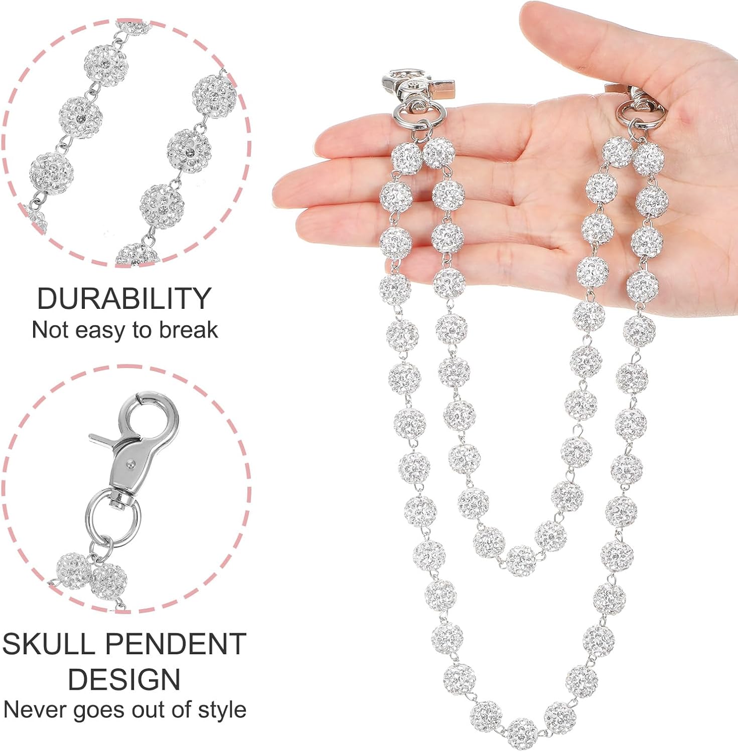 Ceramic Bead Waist Chain, Wallet Chain Layered Pants Bohemian Pants Chains for Men Women Punk Jeans KeyChain Accessories Exquisite Rhinestone Pearl - Image 3