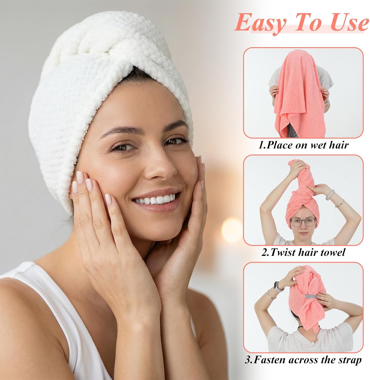 4 Pack Microfiber Hair Towel Wrap for Women, Large Super Absorbent Hair Towels with Elastic Band, Quick Dry Anti Frizz Turban for Long Curly Thick Hairs (Cream White, Gray, Pink, Beige)