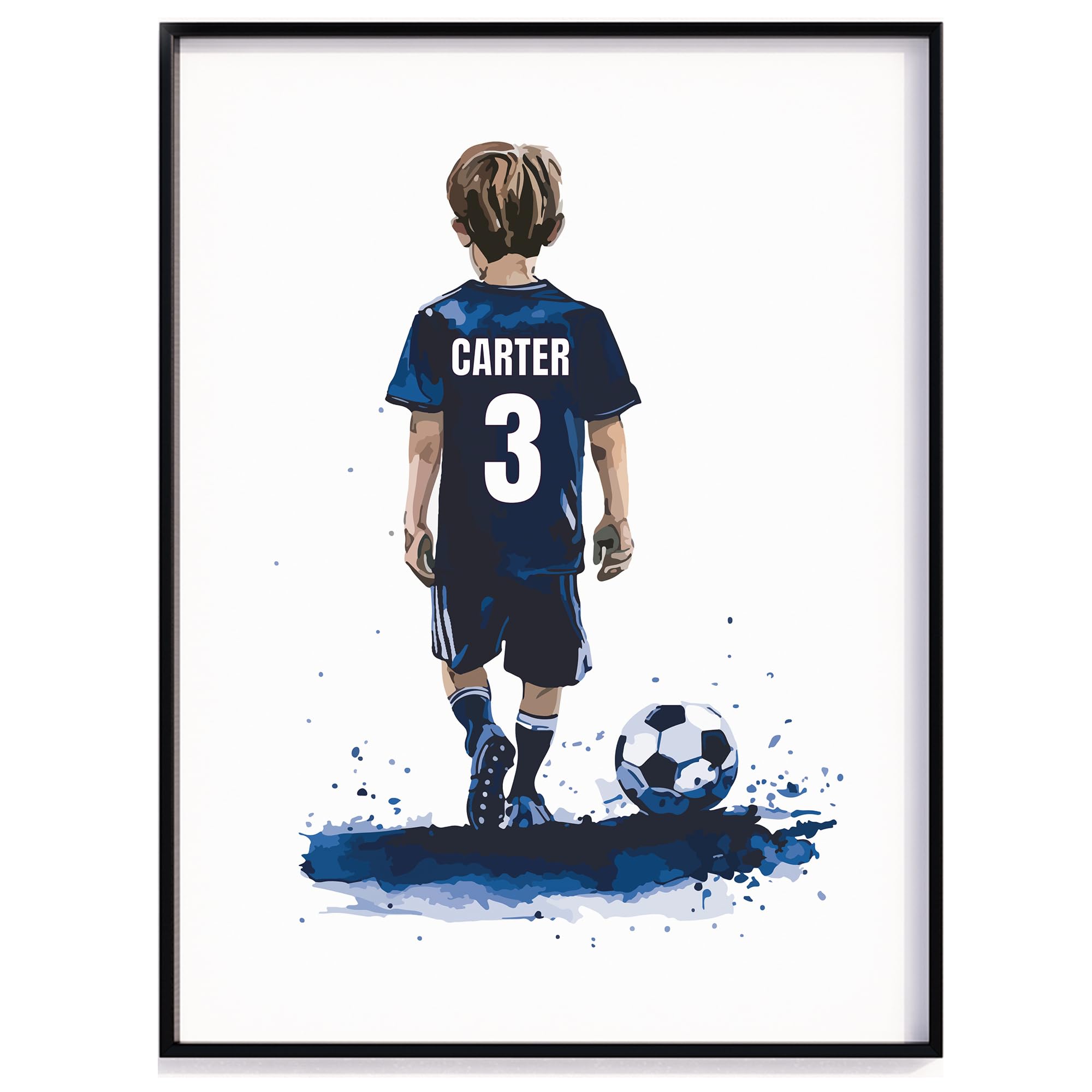 Personalised Football Wall Art Prints, Boys Football Gift, Football Prints Boys Bedroom Decor, Kid Bedroom Football Decor, Football Shirt Name Print (A4, Blue)