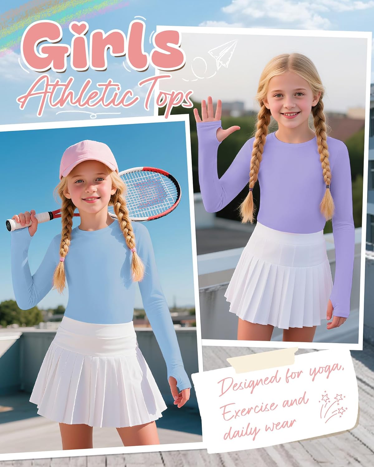 4 Pack Girl's Long Sleeve Athletic Shirts with Thumb Holes, 5-14 Years Kids Quick Dry Crew Neck Teens Gym Yoga Tops - Image 2