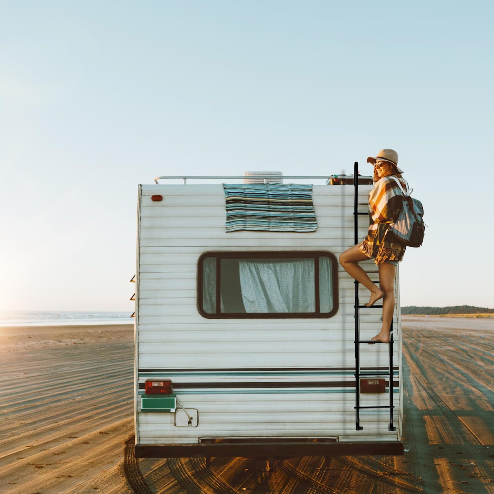 Universal Exterior RV Ladder, 7.6FT-8.4FT Aluminum Travel Trailer Ladder, 250lbs Capacity, Black