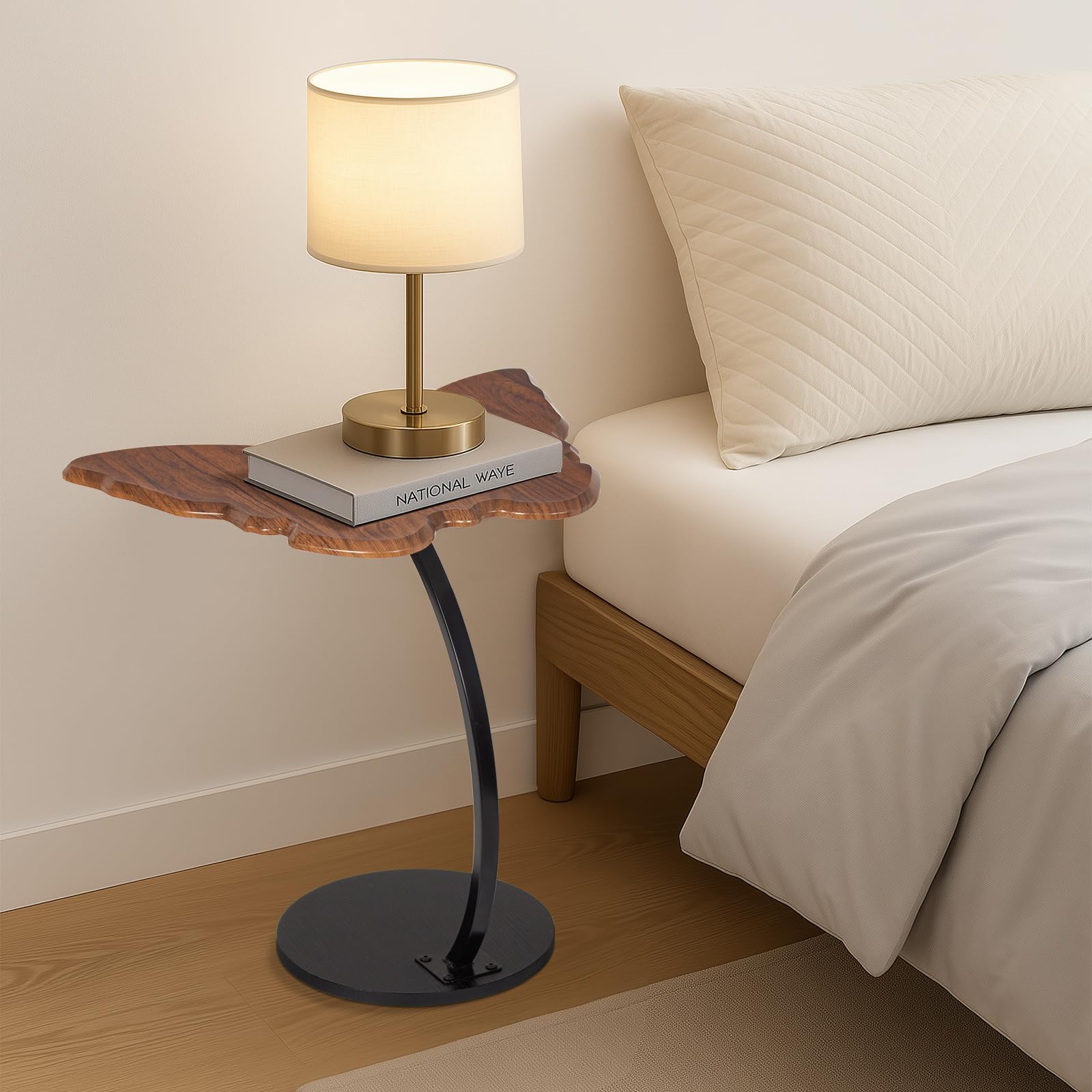 Todeco Mesa Auxiliar en Forma de C con Mariposa Design, Mesilla de Noche | Bonito Aspecto de Nogal, Mesas auxiliares para Salón, Sofás, Entrada