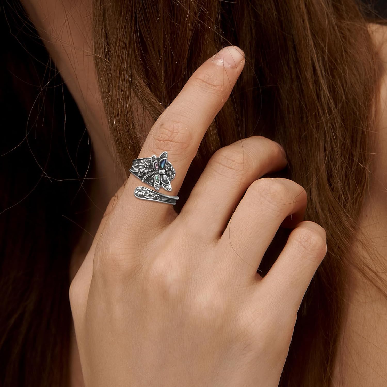 S925-Sterling-Silver Abalone Dragonfly-Turquoise Spoon Ring - Vintage Boho Sunflower Thumb Oxidized Wrap Rings Victorian Style Antique Floral Jewelry Gifts for Women - Image 3