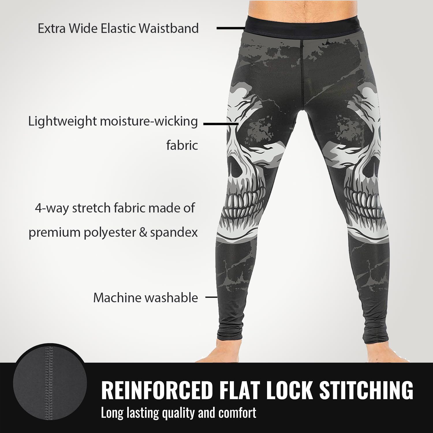 Men's BJJ Spats Skull Printed Leggings Tights, Compression Pants for Multi-Sport