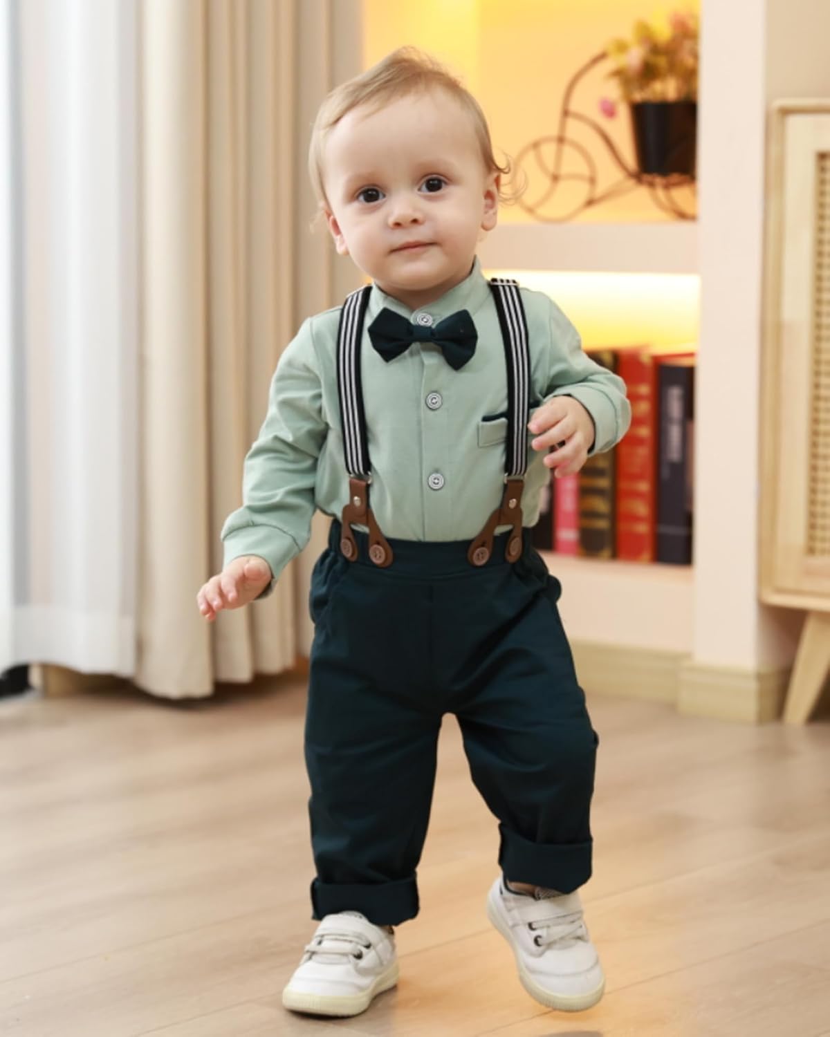 Baby Boy Clothes Suits 0-24M Infant Gentleman Outfit Long Sleeve Dress Shirt+Suspender Pants+Bowtie+Beret Wedding Set