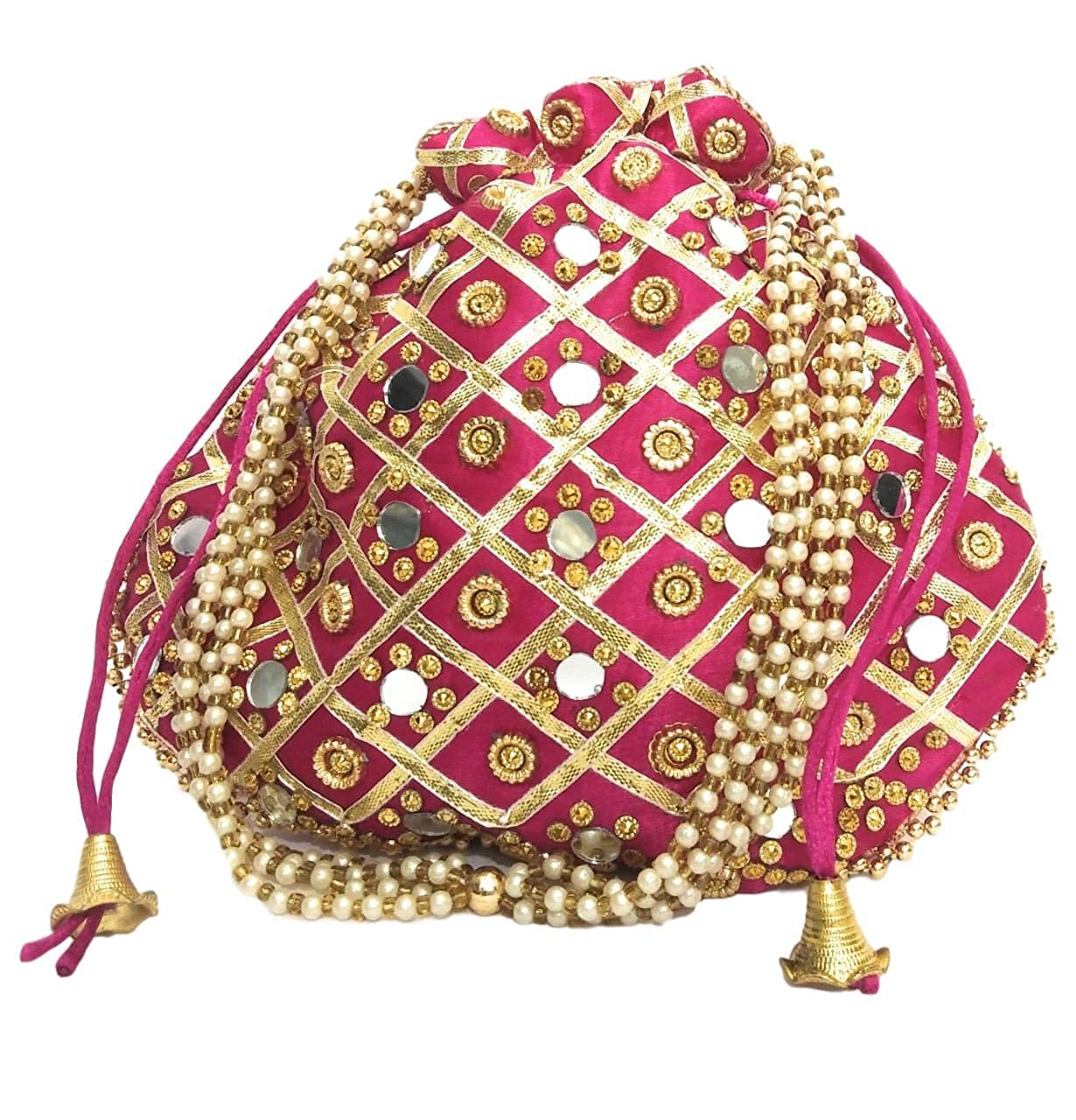 Potli Bag Velvet Golden Work Wedding potli for Ladies Gift for Women Handbags Traditional Indian Wristlet with Drawstring Ethnic Embroidery Women Fashion Potli (Rani, Mirror)-image-19