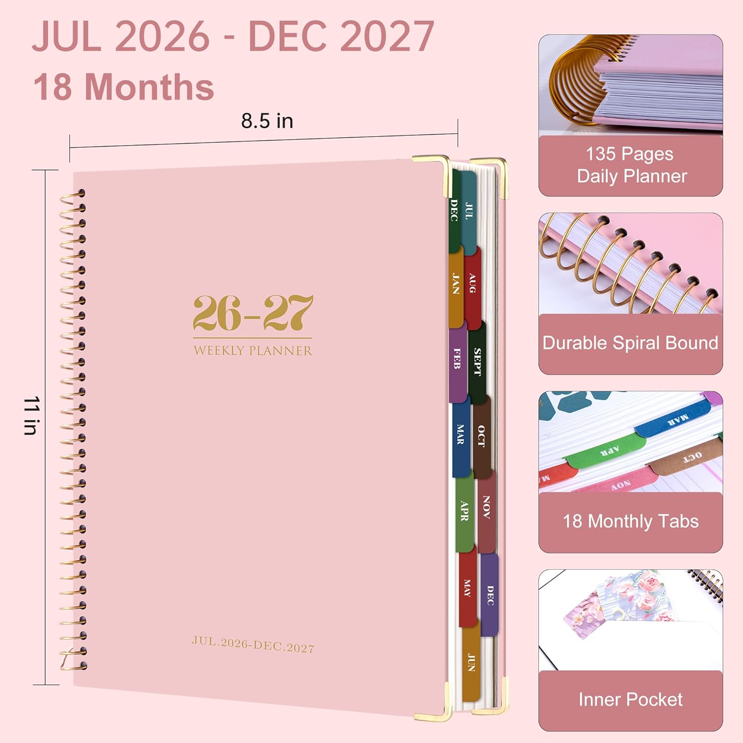 Yoment Planner 2026-2027 Weekly and Monthly 8.5"x11" Large Hardcover Planner from Jul 2026 - Dec 2027 18 Months Calendar Planners for Women Men Yearly Agenda Daily Weekly Planning with Tabs, Pink