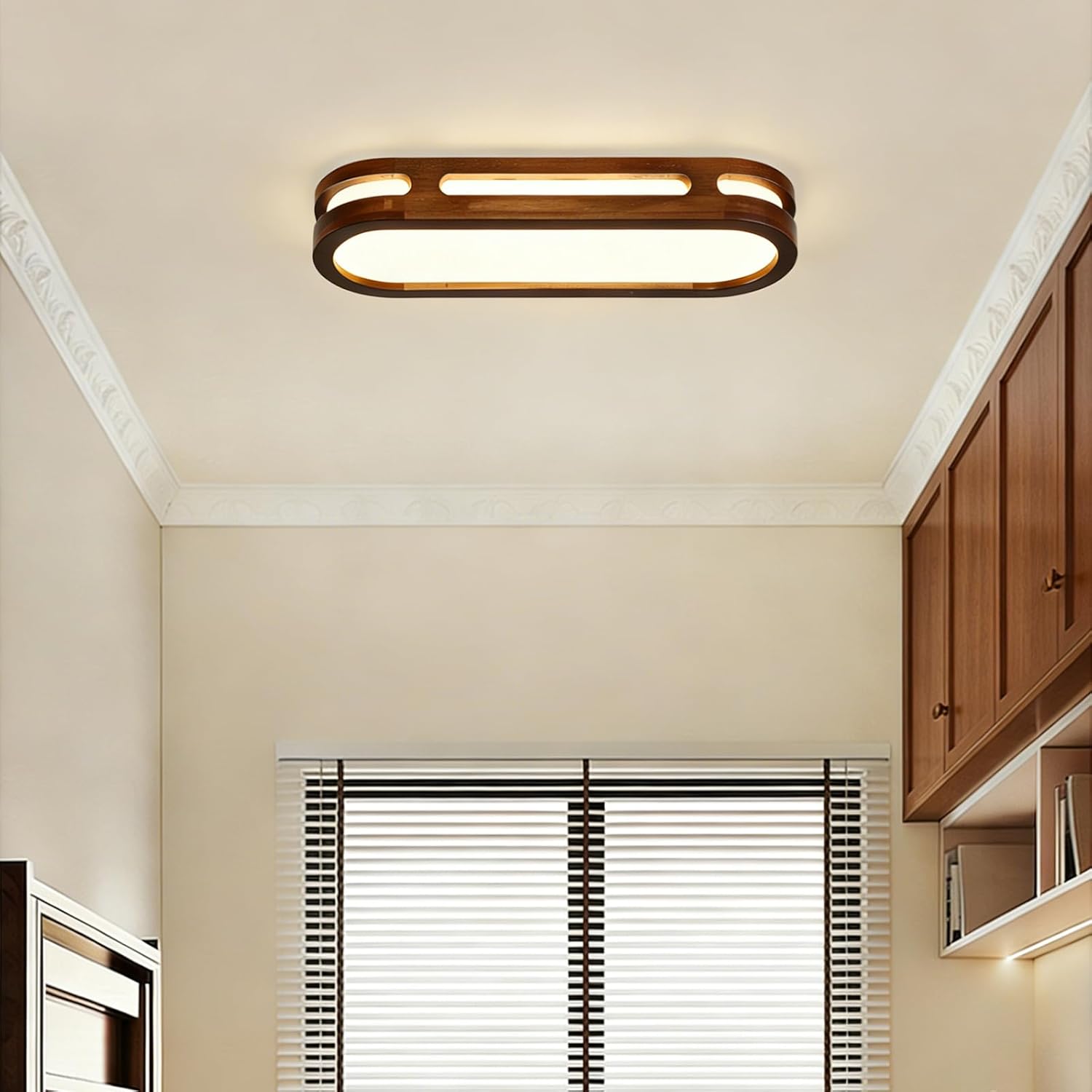 Modern Wood LED Rectangular Flush Mount Ceiling Lights 3 Color Dimmable Minimalist 19 in Close to Ceiling Light Fixture for Kitchen Dining Room Entryway Corridor (Walnut/Natural Wood)