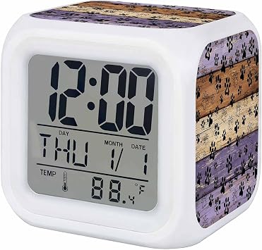 Dog Claws Painting Alarm Clock, Purple Wood Striped Farm Animal Country Digital Clock Night Light with 7 Color, Calendar Temperature Display, NightLight Clock for Bedroom, 3.2x3.2in