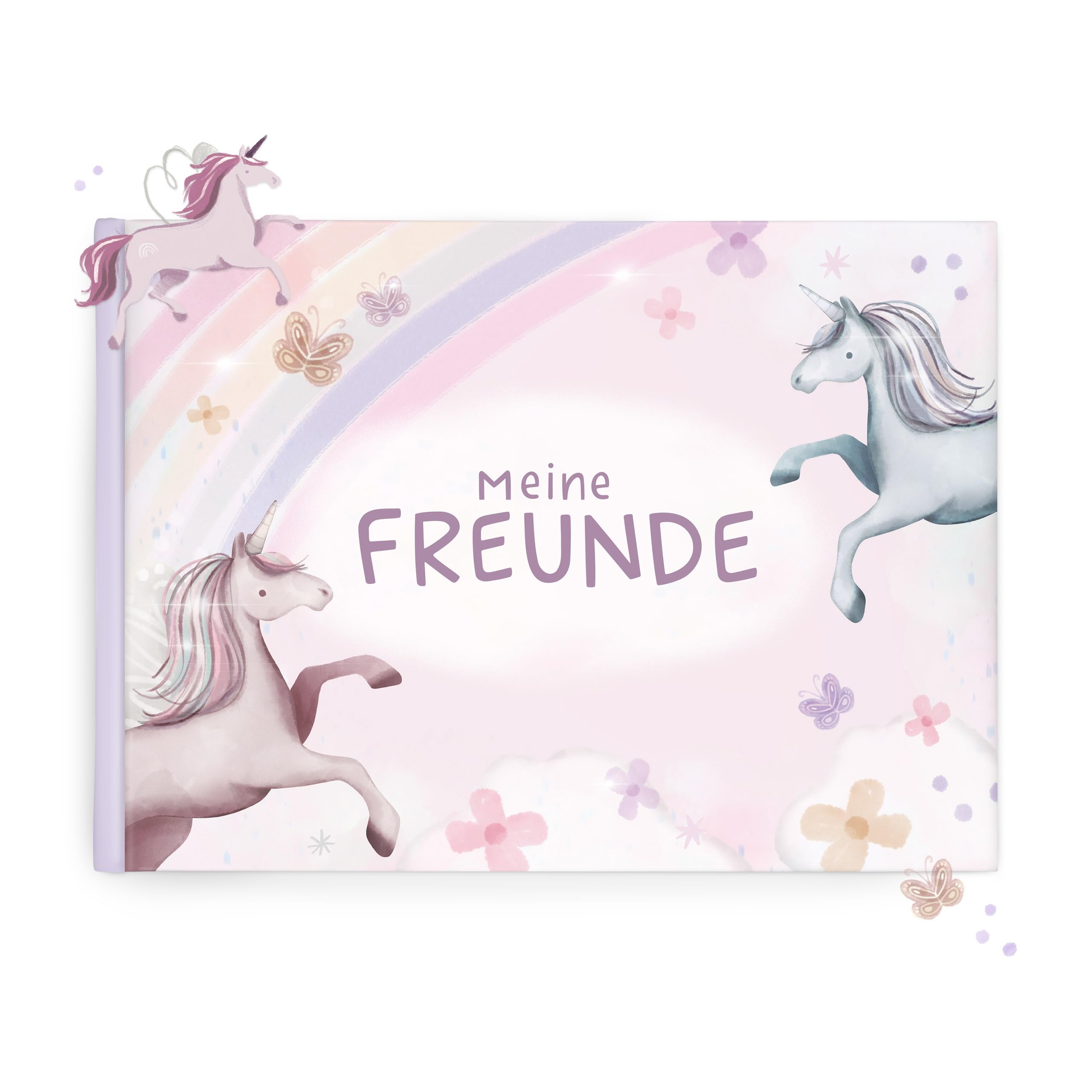mintkind® Schulfreundebuch Einhorn – Freundebuch Grundschule für Mädchen mit handgemalten Illustrationen, 30 Freundeseiten, Geburtstagskalender, Malrätsel, stabiles Hardcover DIN A5 Querformat