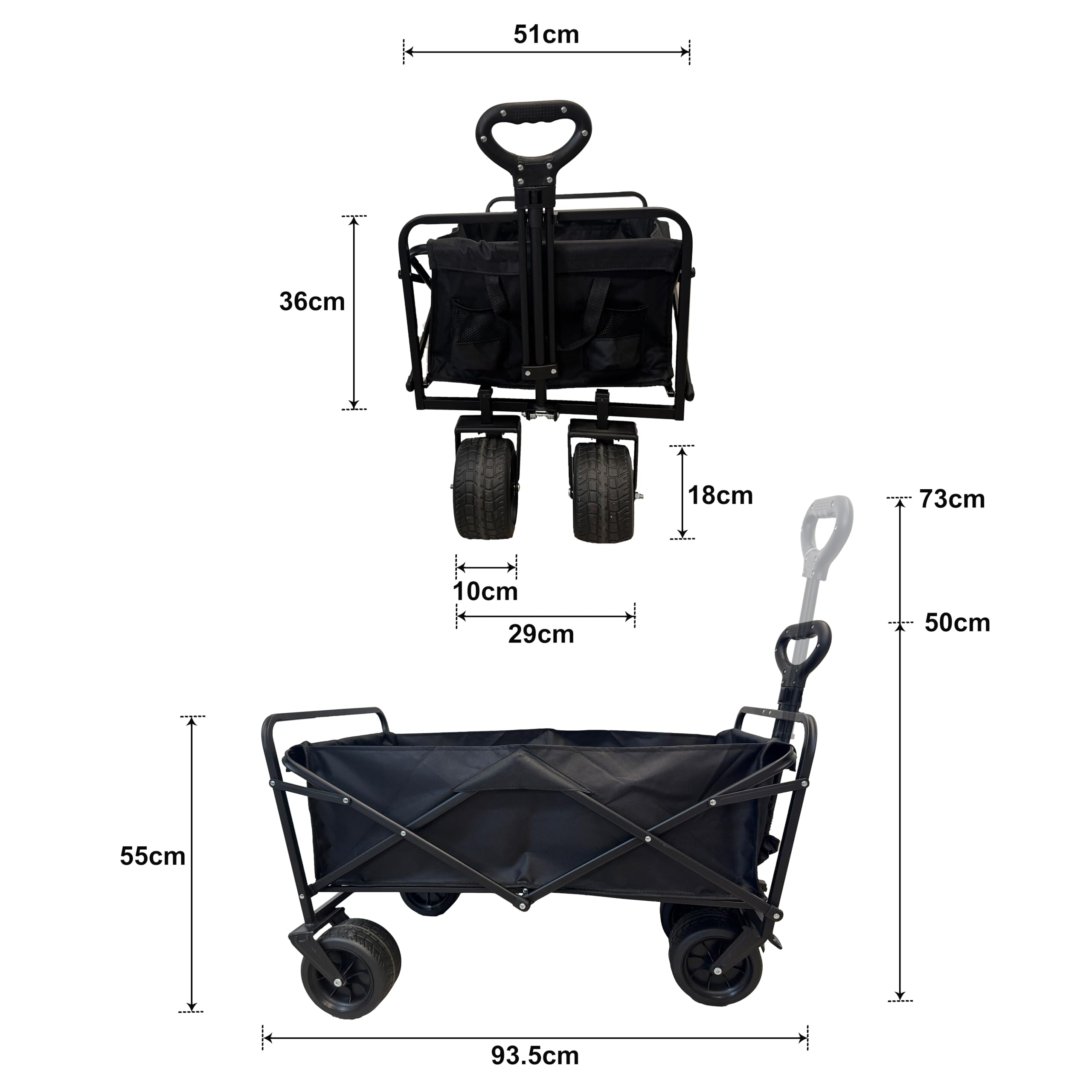 Carrello da Campeggio Pieghevole,Carrello Pieghevole dotato di Maniglia Regolabile e Ruote Larghe,Carro Pieghevole per Esterni, Spiaggia, Giardino e Picnic,nero,150L