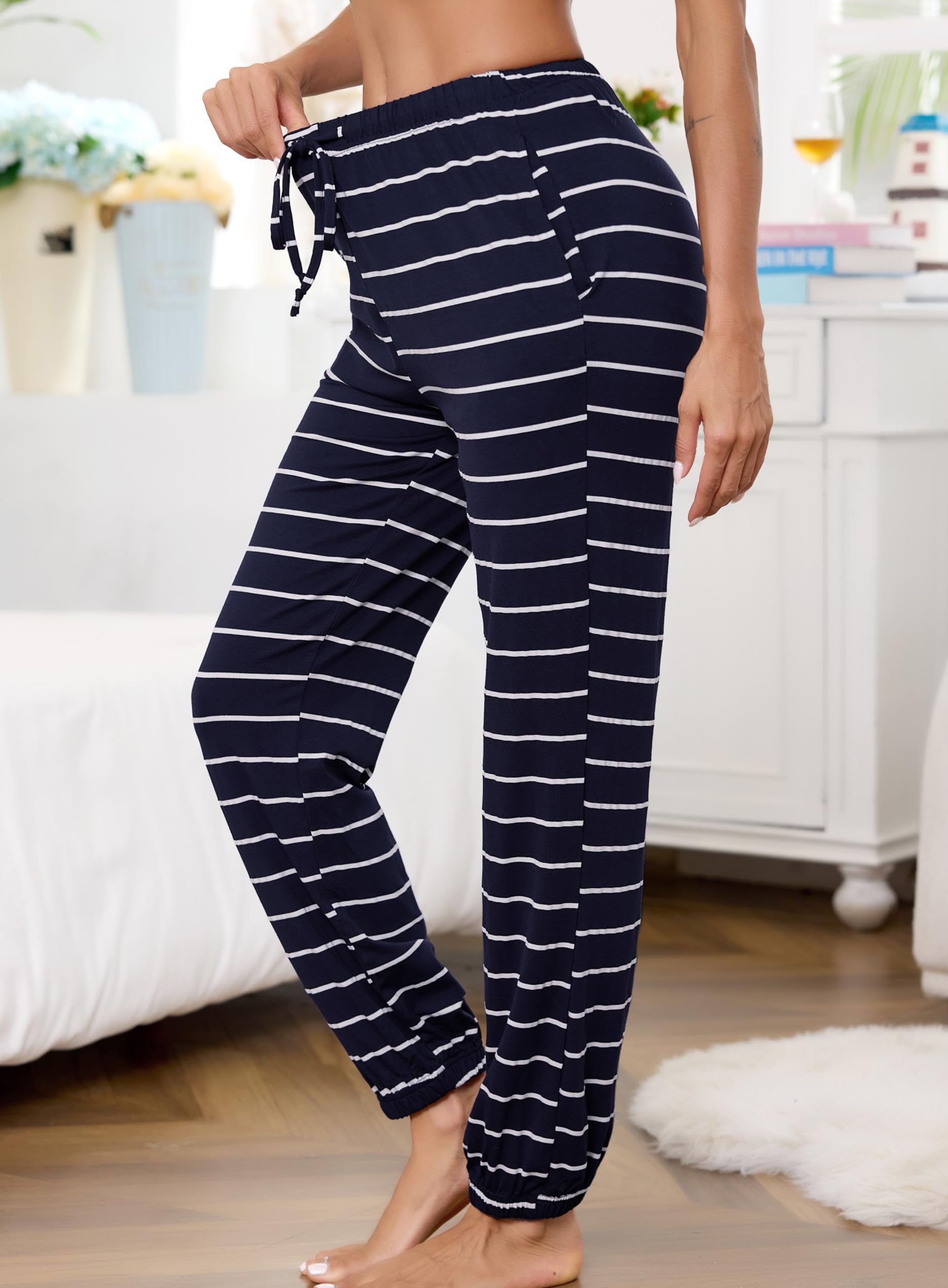 Lovasy Pantalon Pijama Mujer Algodon Raya Pantalones Mujer Invierno Ancho Pantalón con Bolsillos y Cordón