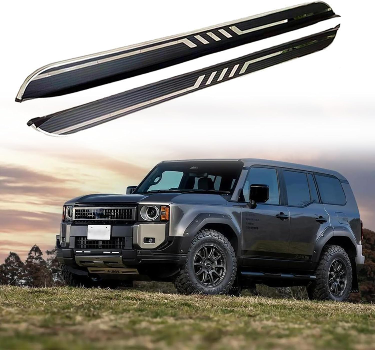 2Pcs Running Boards Fits for Toyota Land Cruiser Prado J250 LC250 2024 2025 Exterior Accessories Side Step Black with Sivery Patterns Nerf Bar